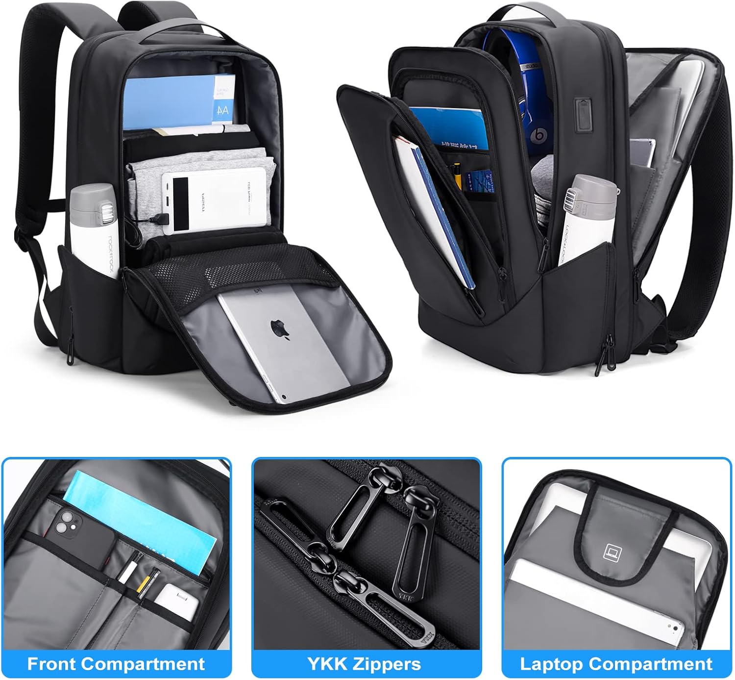 FENRUIEN Geschäftsreiserucksack für Herren, Erweiterbarer, wasserdichter Computerrucksack mit USB-Anschluss, schwarzer 15,6-Zoll-Laptop-Rucksack für College/Arbeit