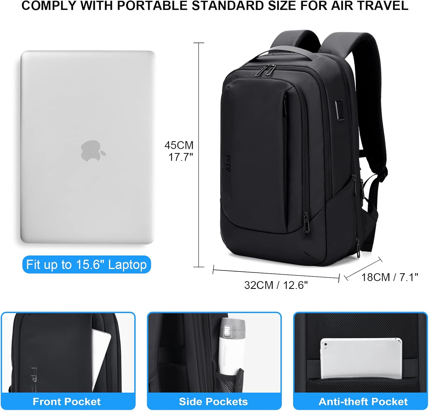 FENRUIEN Geschäftsreiserucksack für Herren, Erweiterbarer, wasserdichter Computerrucksack mit USB-Anschluss, schwarzer 15,6-Zoll-Laptop-Rucksack für College/Arbeit