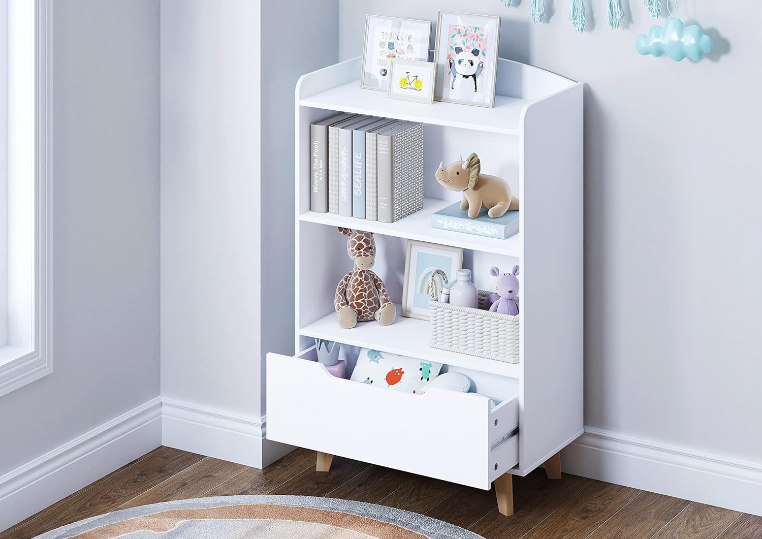 UTEX Kids Bookshelf, Children Bookcases with Storage and Drawer, Wood Kids Toy Storage Organizer for Playroom, Nursery School, White · v4