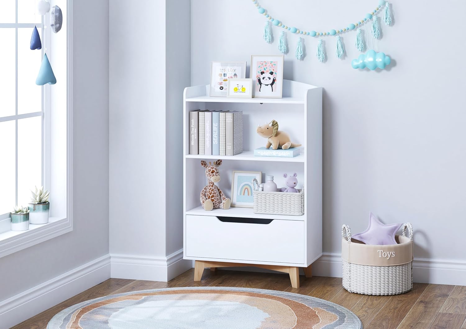 UTEX Kids Bookshelf, Children Bookcases with Storage and Drawer, Wood Kids Toy Storage Organizer for Playroom, Nursery School, White · v4