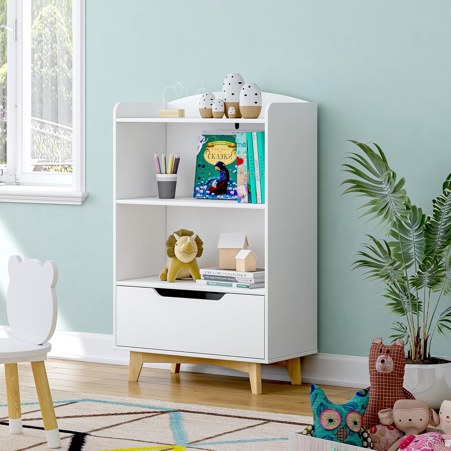 UTEX Kids Bookshelf, Children Bookcases with Storage and Drawer, Wood Kids Toy Storage Organizer for Playroom, Nursery School, White · v4