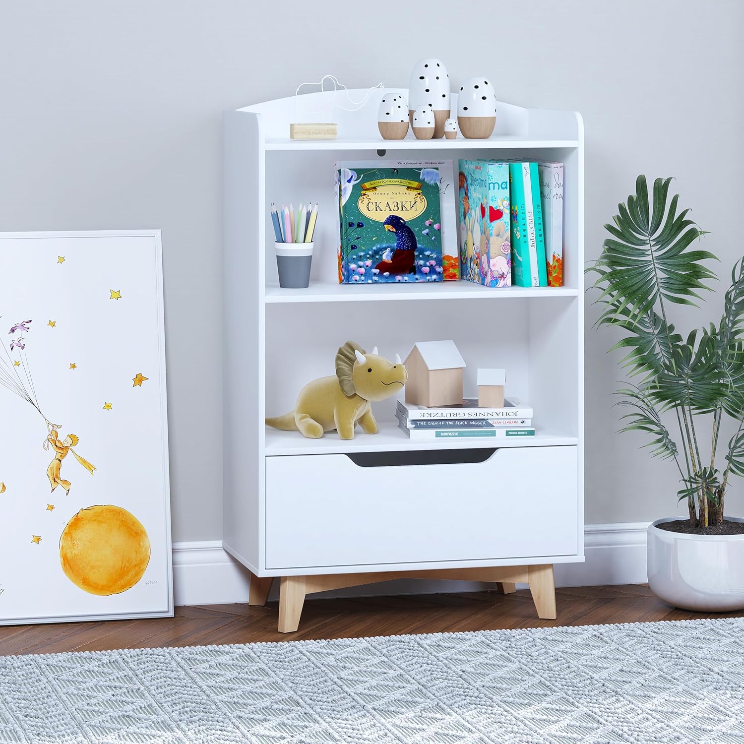 UTEX Kids Bookshelf, Children Bookcases with Storage and Drawer, Wood Kids Toy Storage Organizer for Playroom, Nursery School, White · v4