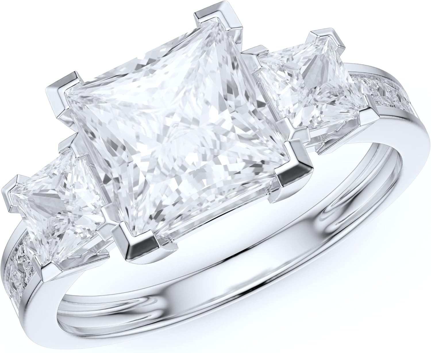14k White Gold Three Stones All Princess Cut Simulated Diamond or Genuine Moissanite Engagement Ring 2CT Main Stone · v4