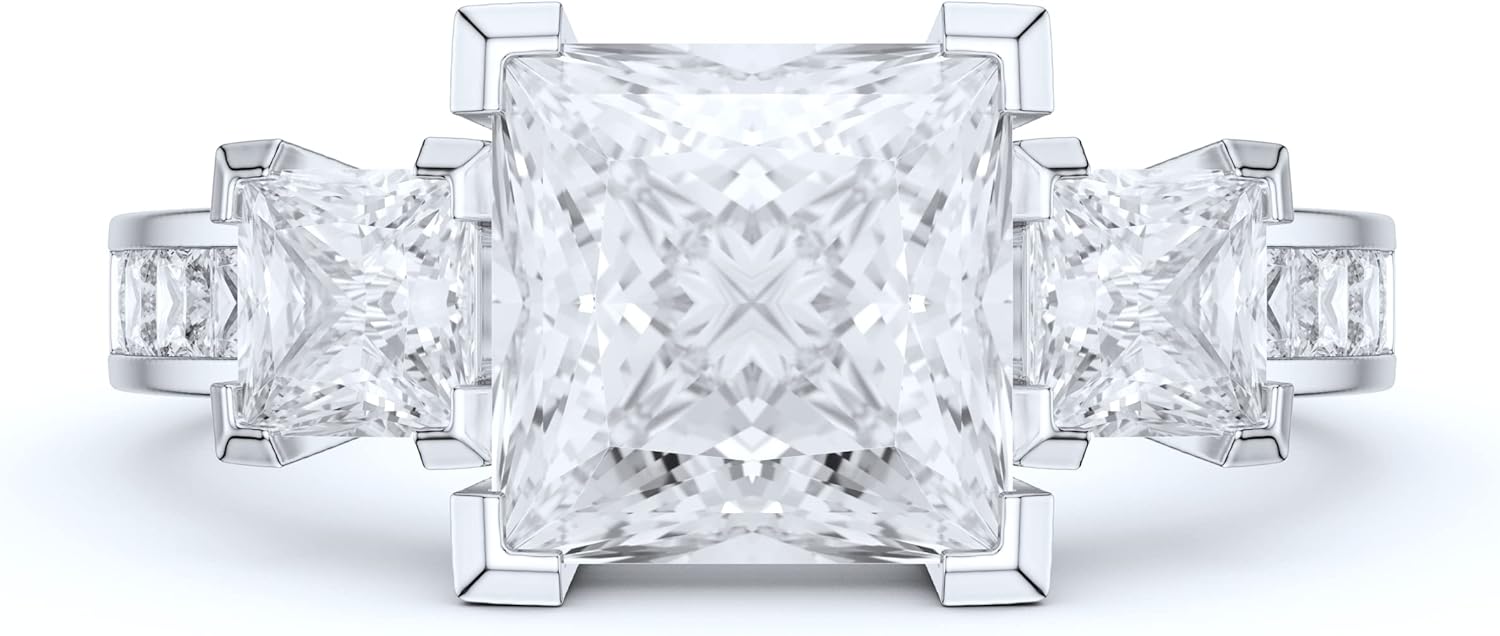 14k White Gold Three Stones All Princess Cut Simulated Diamond or Genuine Moissanite Engagement Ring 2CT Main Stone · v8