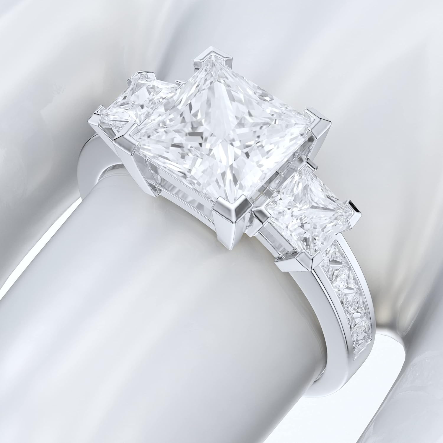 14k White Gold Three Stones All Princess Cut Simulated Diamond or Genuine Moissanite Engagement Ring 2CT Main Stone · v8