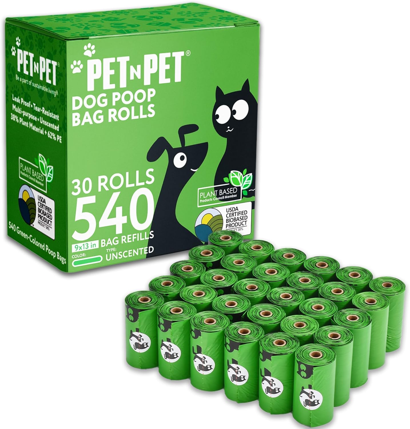 Pet N Pet Poop Bags For Dogs 540 Counts, 38% Plant Based  62% PE Dog Poop Bags Rolls, Unscented Dog Bags, Green Doggie Poop Bags, Dog Waste Bags, Cat Litter Bags, Cat Poop Bags, Pet Supplies for Dogs