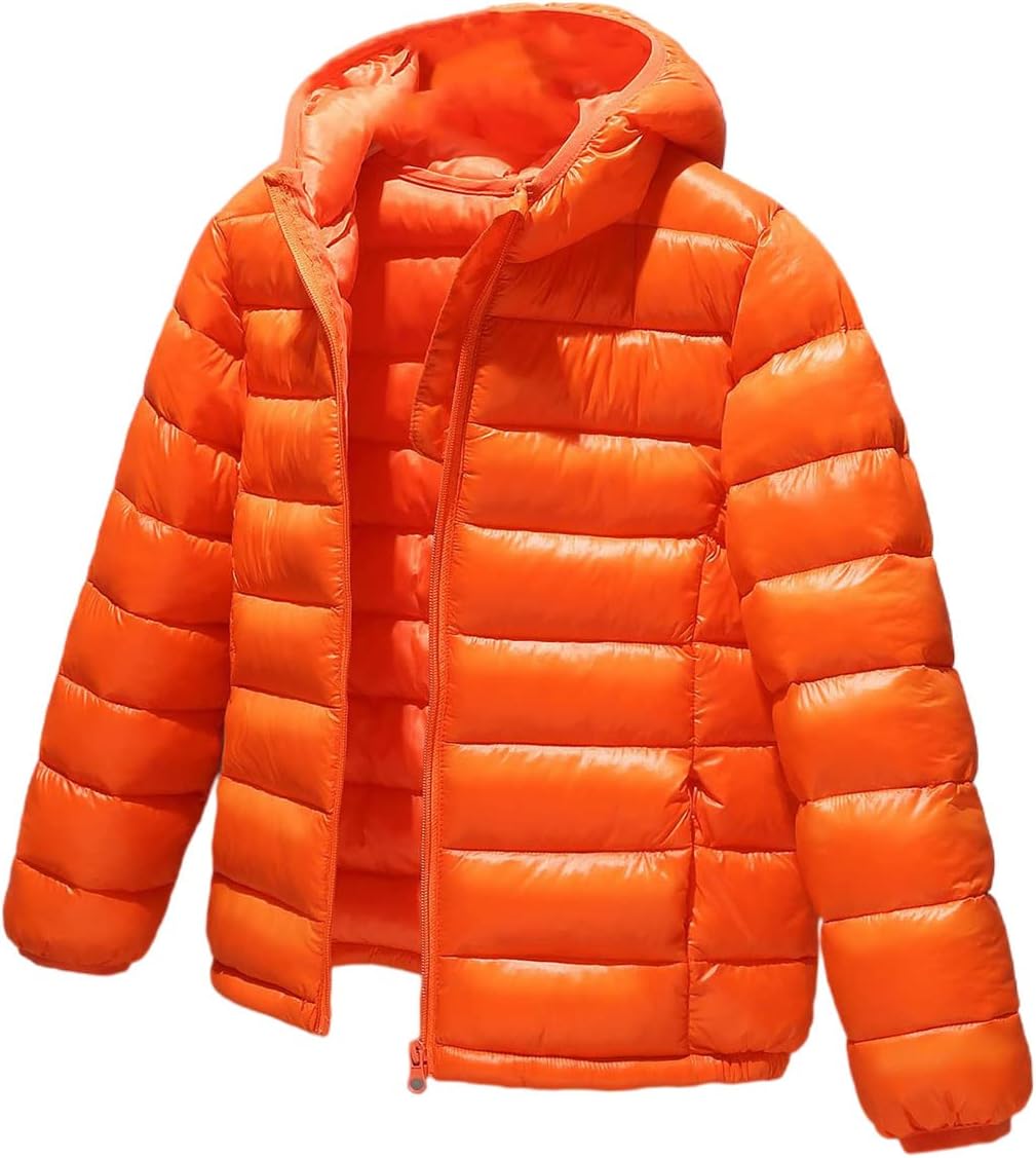 Girls Boys Winter Thick Warm Down Jacket Pockets Zipper Windproof Solid Color Hooded Coat Kids Cotton Parkas 7—14 Years Orange