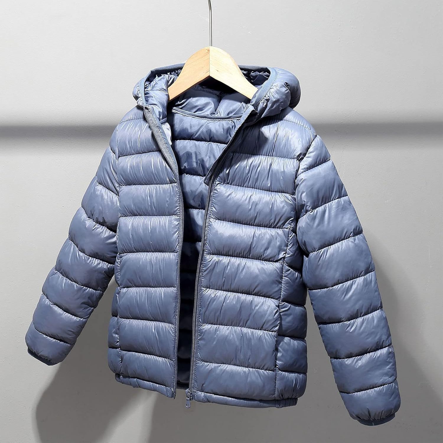 Girls Boys Winter Thick Warm Down Jacket Pockets Zipper Windproof Solid Color Hooded Coat Kids Cotton Parkas 7—14 Years Gray