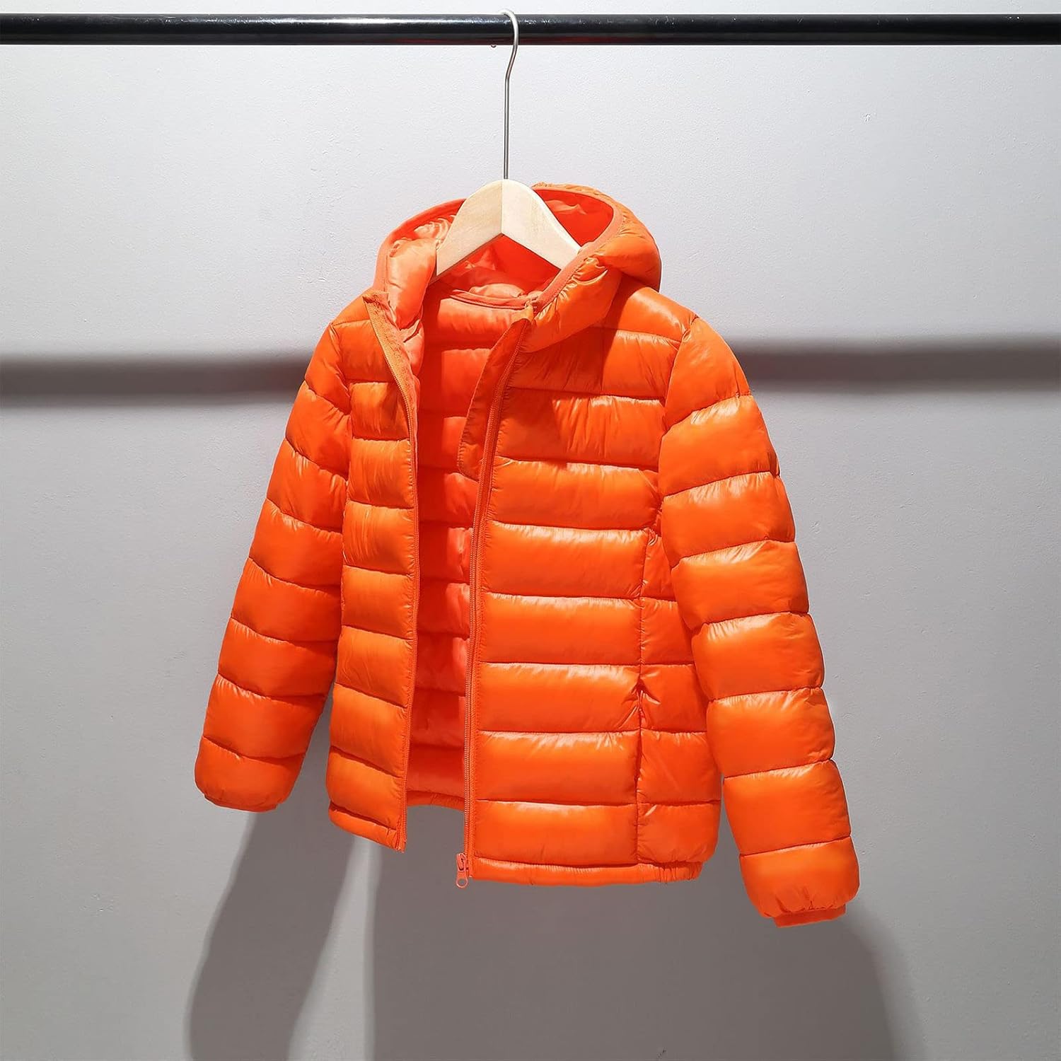 Girls Boys Winter Thick Warm Down Jacket Pockets Zipper Windproof Solid Color Hooded Coat Kids Cotton Parkas 7—14 Years Orange · v2