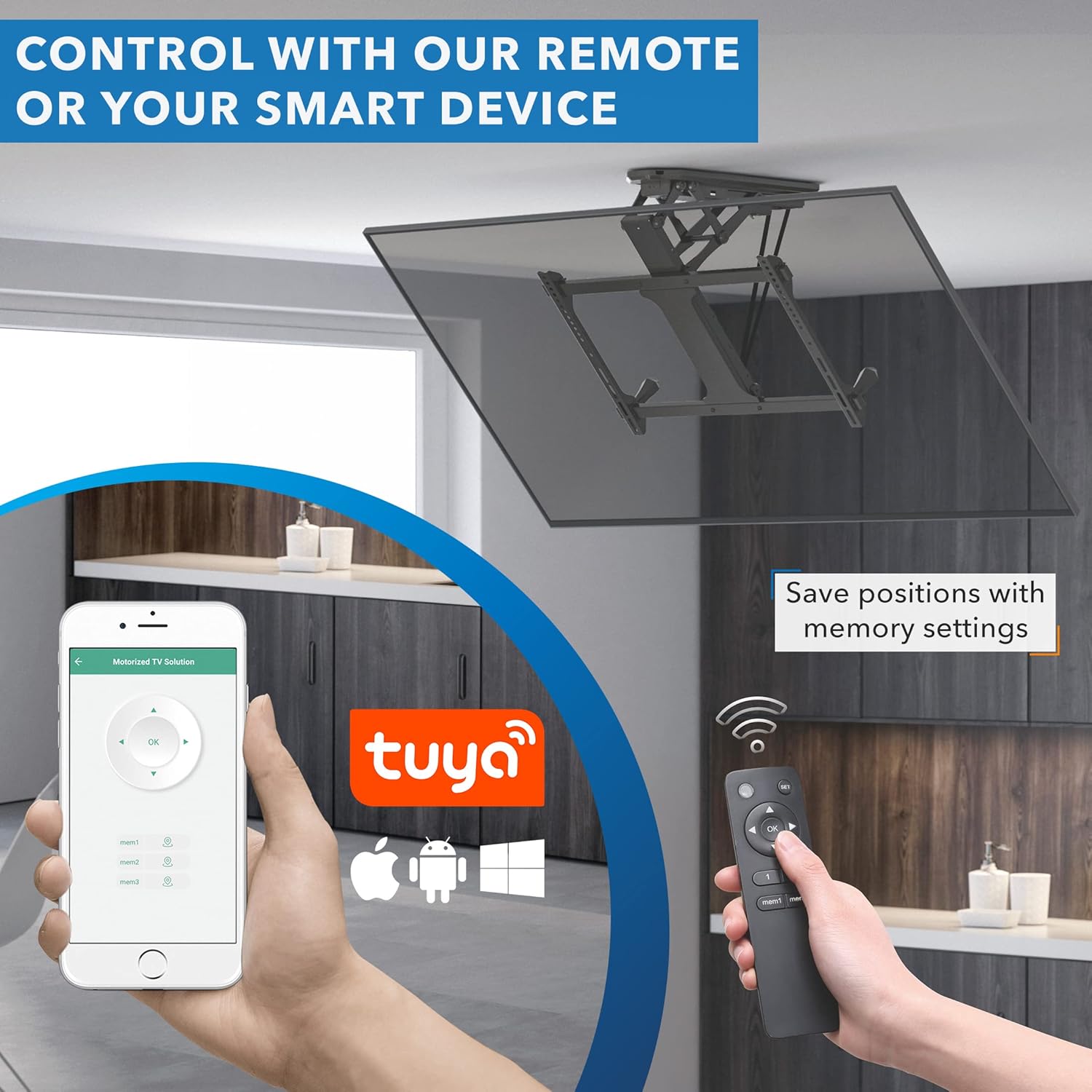 Mount-It! Electric Ceiling TV Mount with Remote and App Controller, Motorized Flip Down Pitched Roof Mount Fits 32 to 70 Inch Flat Screen TVs, Black · v11