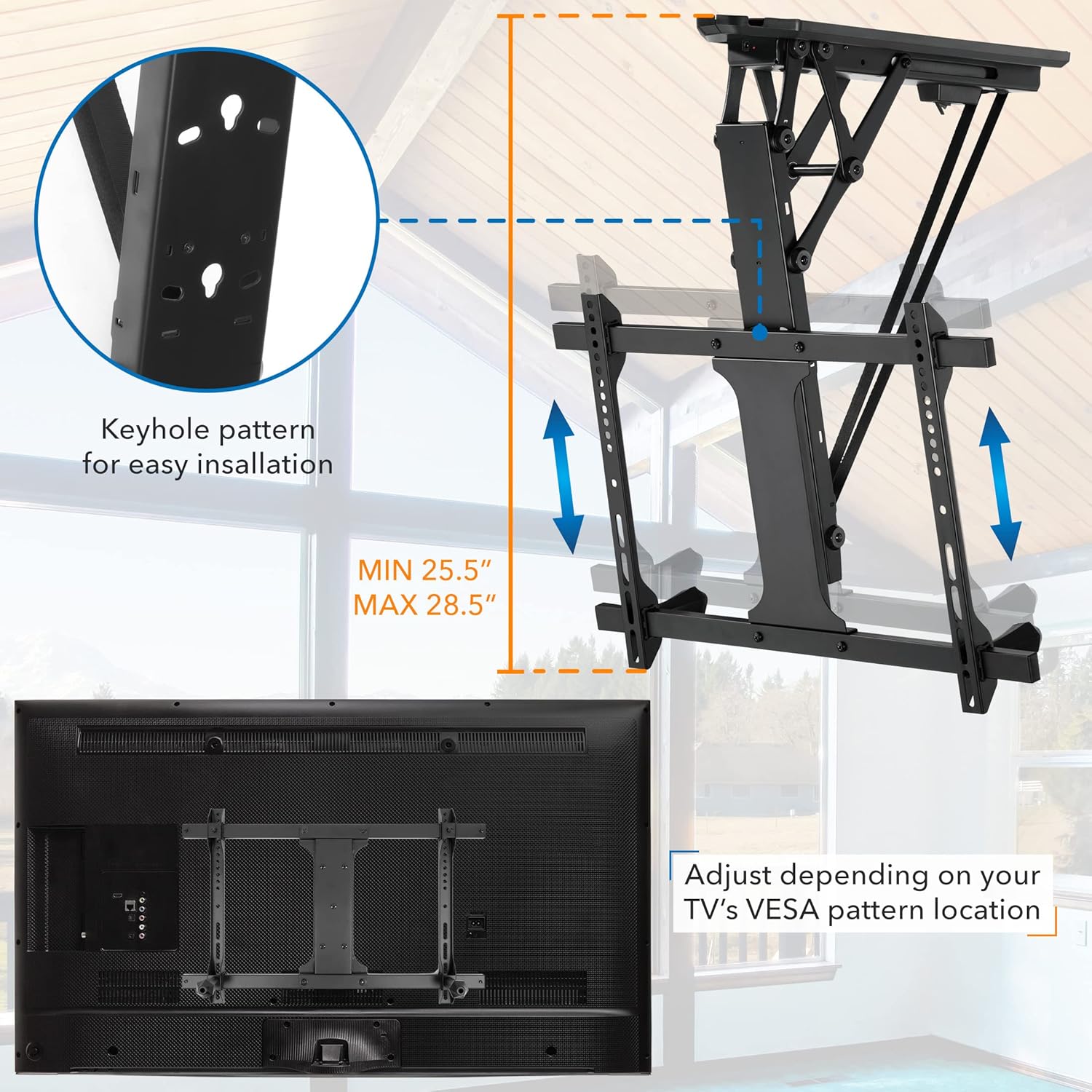 Mount-It! Electric Ceiling TV Mount with Remote and App Controller, Motorized Flip Down Pitched Roof Mount Fits 32 to 70 Inch Flat Screen TVs, Black · v11