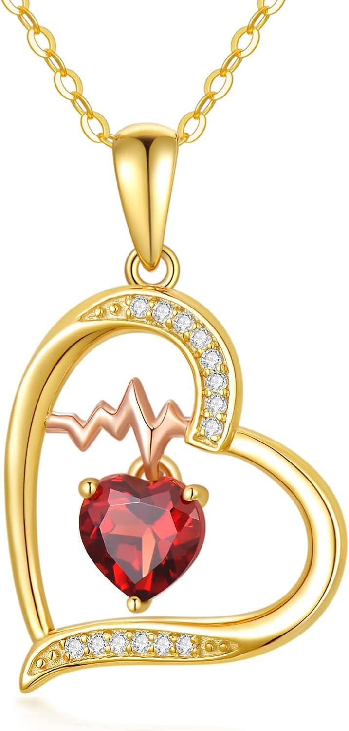14K Gold Love Heart Pendant Necklace with Garnet, Heartbeat Necklace Valentines Day Anniversary Jewelry Gift for Wife Mom