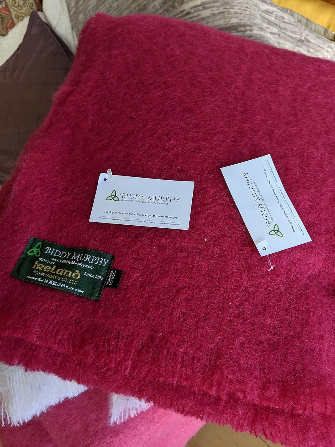 Biddy Murphy, Genuine Irish Angora Mohair  Wool Throw Blanket Imported from Ireland, 72x54" Inches, Traditional Celtic Style, Super Soft Feel amp; Warmth, Solid Red · v3