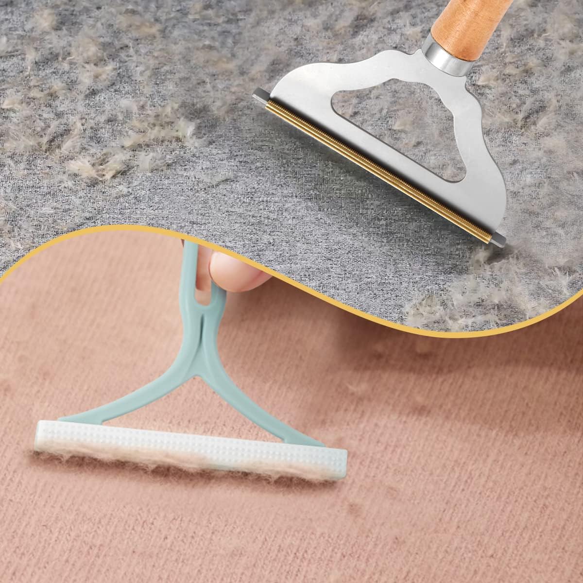 2pcs Manual Portable Fabric Shaver, 1 Metal Carpet Lint Scraper for Furniture Pet Hair Removal (1Buck Thick Rack Can Be Used for Years), 1 Reusable Fuzz Lint Remover Brush for Clothes Couch(No Snag) · v2