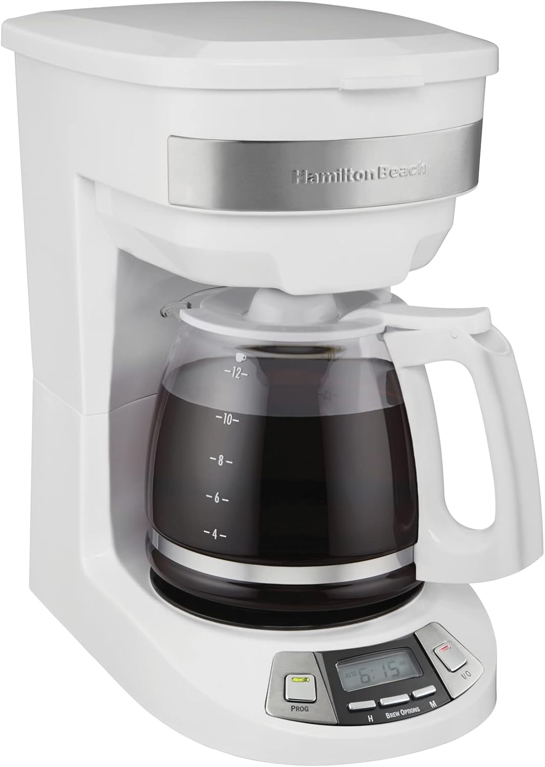 Cafetera Hamilton Beach de goteo programable para 12 tazas con 3 opciones de preparación, jarra de cristal, pausa y vertido automáticos, blanca (46294)