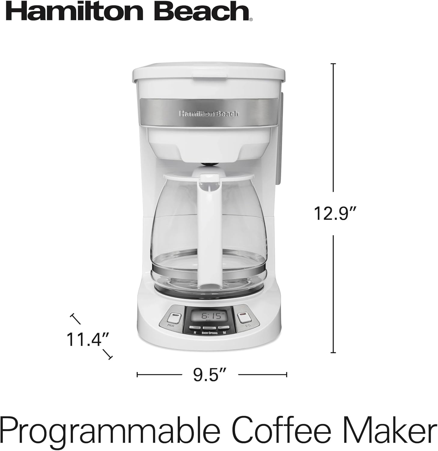 เครื่องชงกาแฟแบบหยด Hamilton Beach 12 ถ้วยพร้อมโปรแกรมชง 3 แบบ เหยือกแก้ว หยุดชั่วคราวและเทอัตโนมัติ สีขาว (46294)
