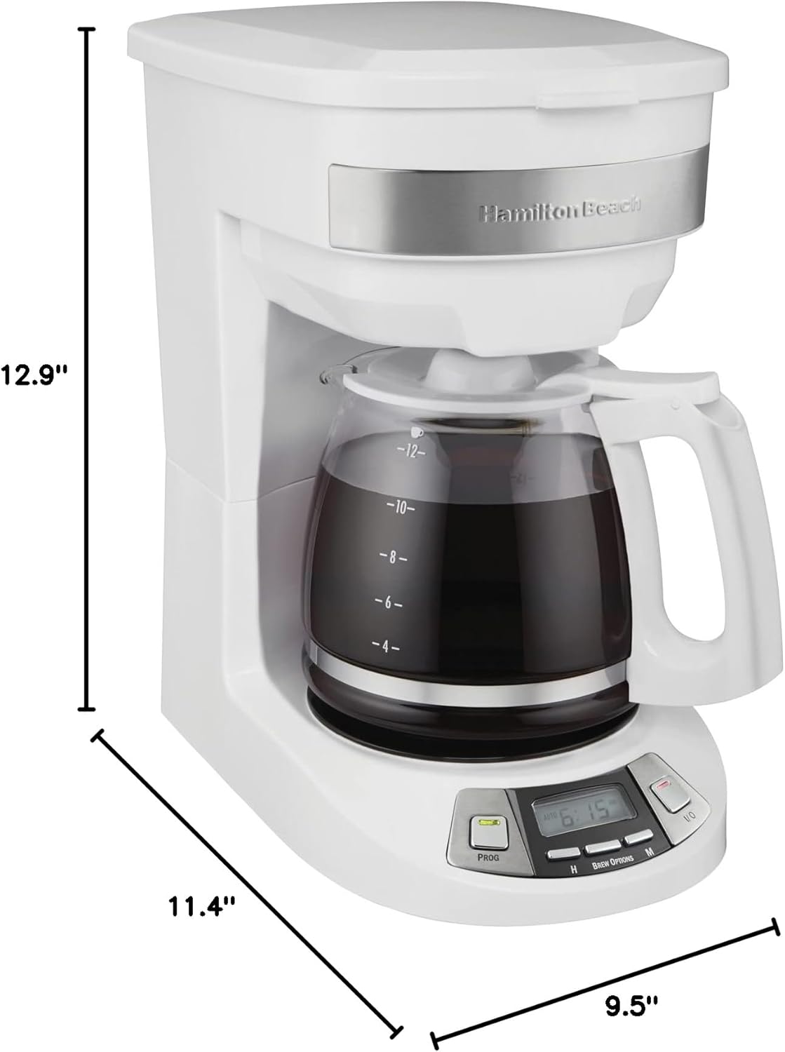 เครื่องชงกาแฟแบบหยด Hamilton Beach 12 ถ้วยพร้อมโปรแกรมชง 3 แบบ เหยือกแก้ว หยุดชั่วคราวและเทอัตโนมัติ สีขาว (46294)