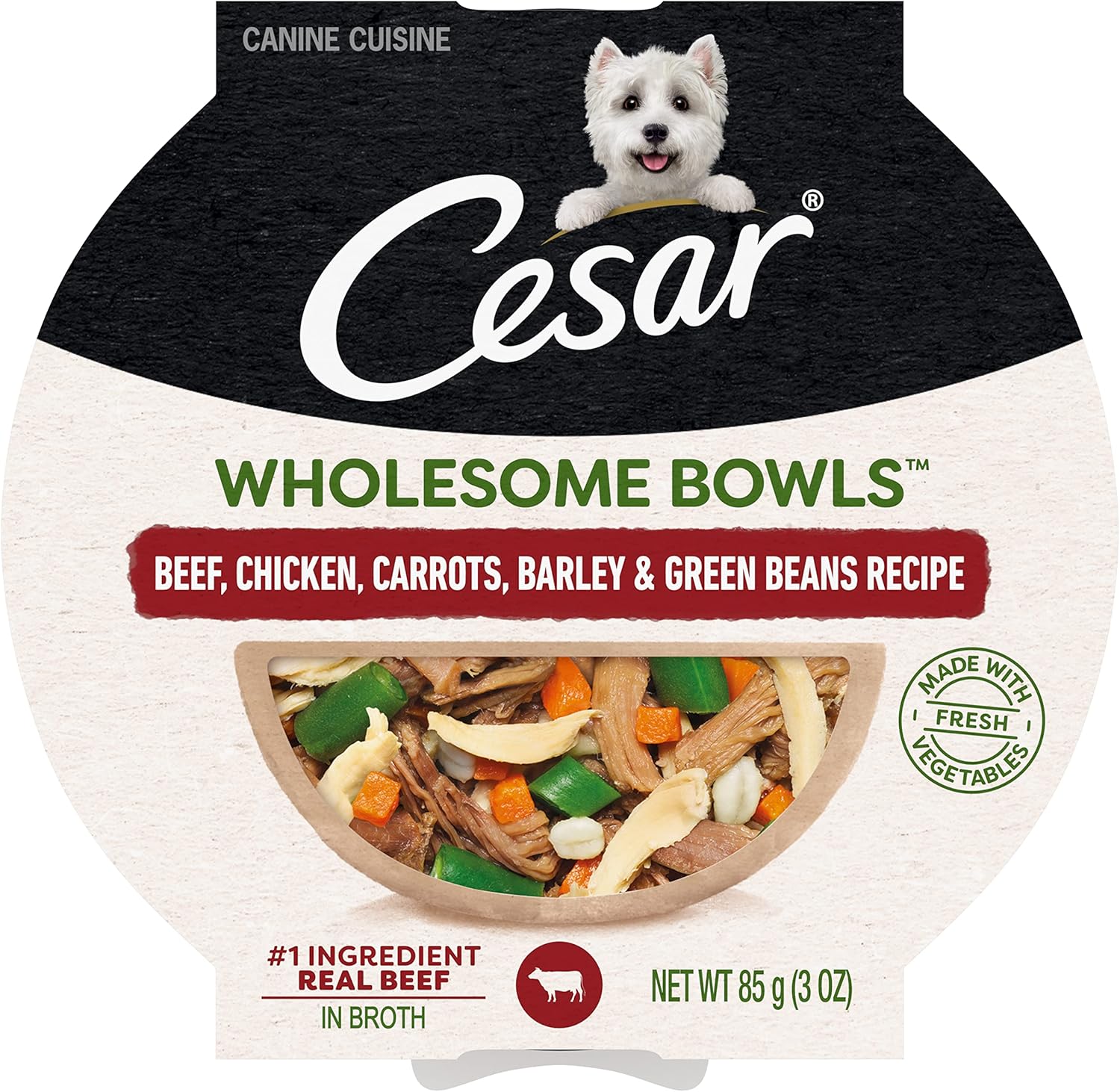 Recette de nourriture molle et humide pour chiens CESAR WHOLESOME BOWLS pour adultes au bœuf, au poulet, aux carottes, à l'orge et aux haricots verts, (10) bols de 3 oz