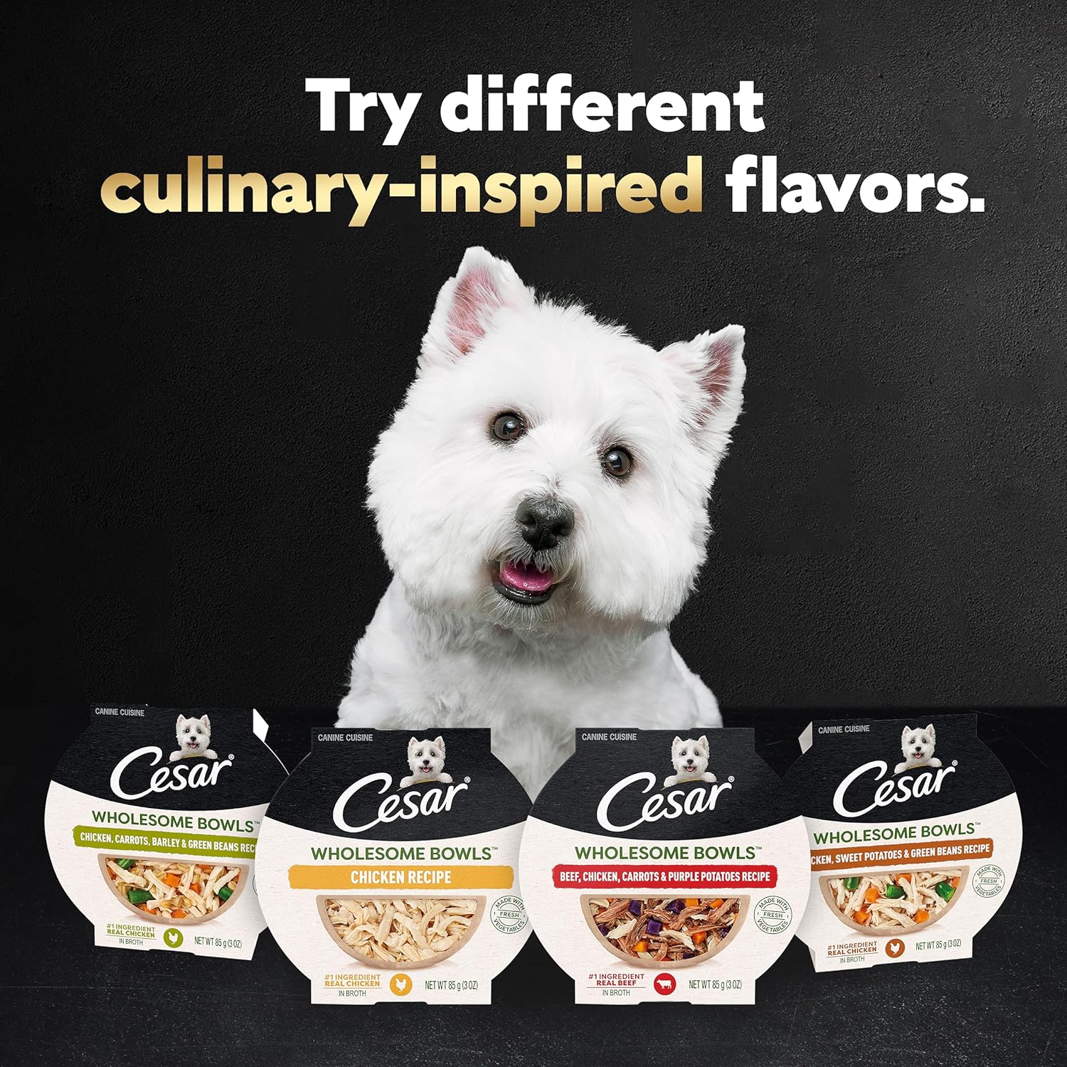 Recette de nourriture molle et humide pour chiens CESAR WHOLESOME BOWLS pour adultes au bœuf, au poulet, aux carottes, à l'orge et aux haricots verts, (10) bols de 3 oz