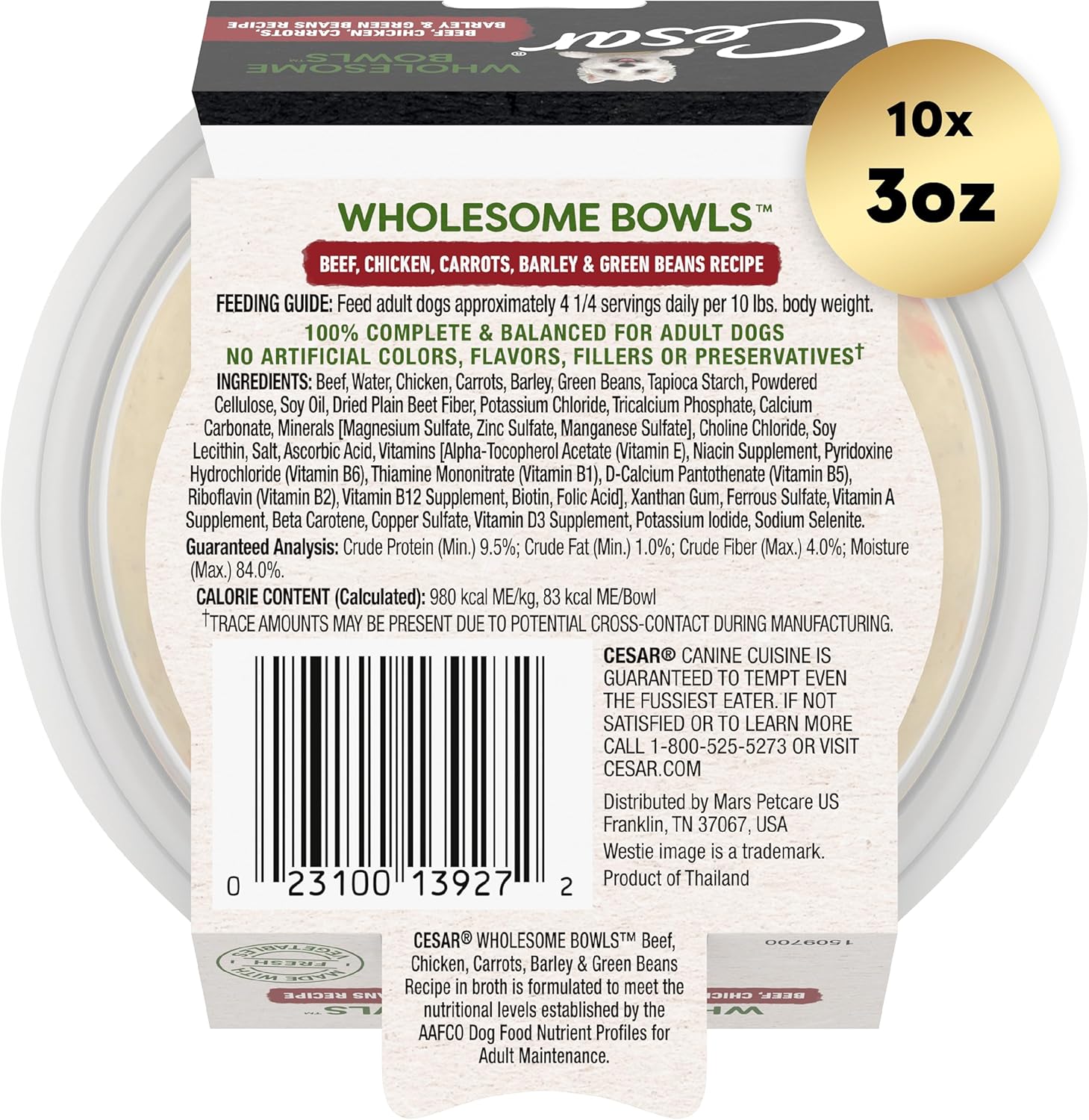 Recette de nourriture molle et humide pour chiens CESAR WHOLESOME BOWLS pour adultes au bœuf, au poulet, aux carottes, à l'orge et aux haricots verts, (10) bols de 3 oz