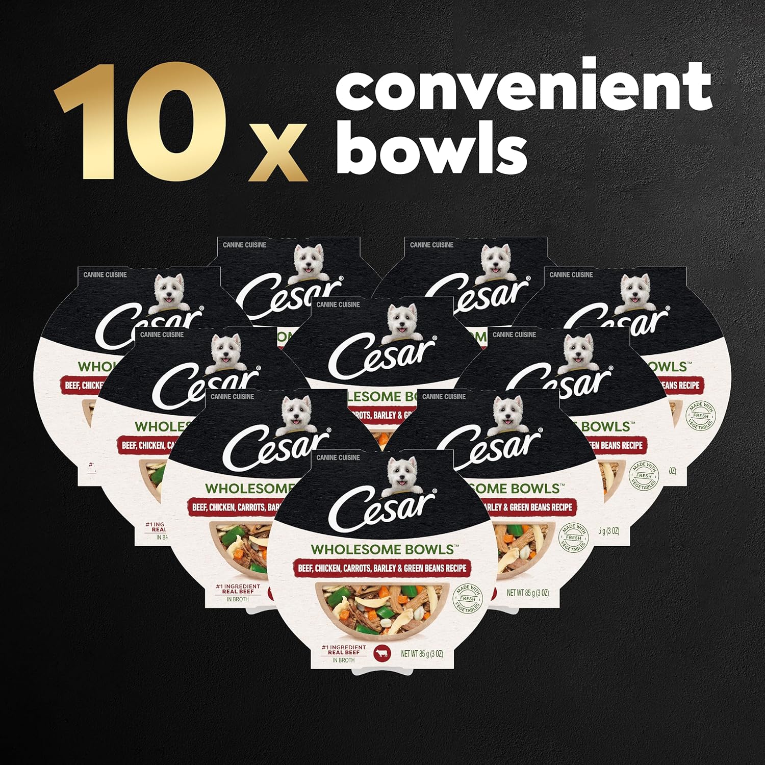 Recette de nourriture molle et humide pour chiens CESAR WHOLESOME BOWLS pour adultes au bœuf, au poulet, aux carottes, à l'orge et aux haricots verts, (10) bols de 3 oz