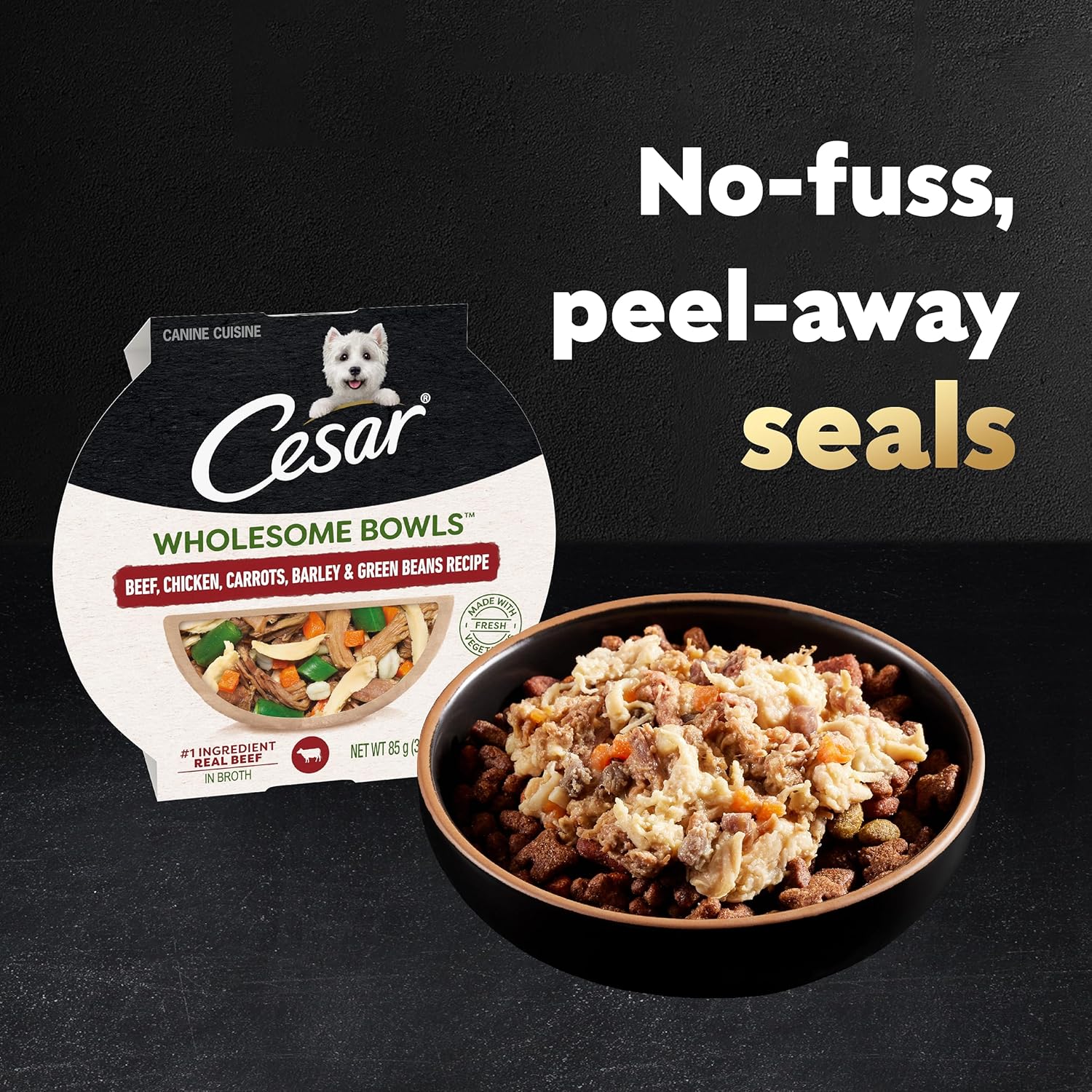 Recette de nourriture molle et humide pour chiens CESAR WHOLESOME BOWLS pour adultes au bœuf, au poulet, aux carottes, à l'orge et aux haricots verts, (10) bols de 3 oz