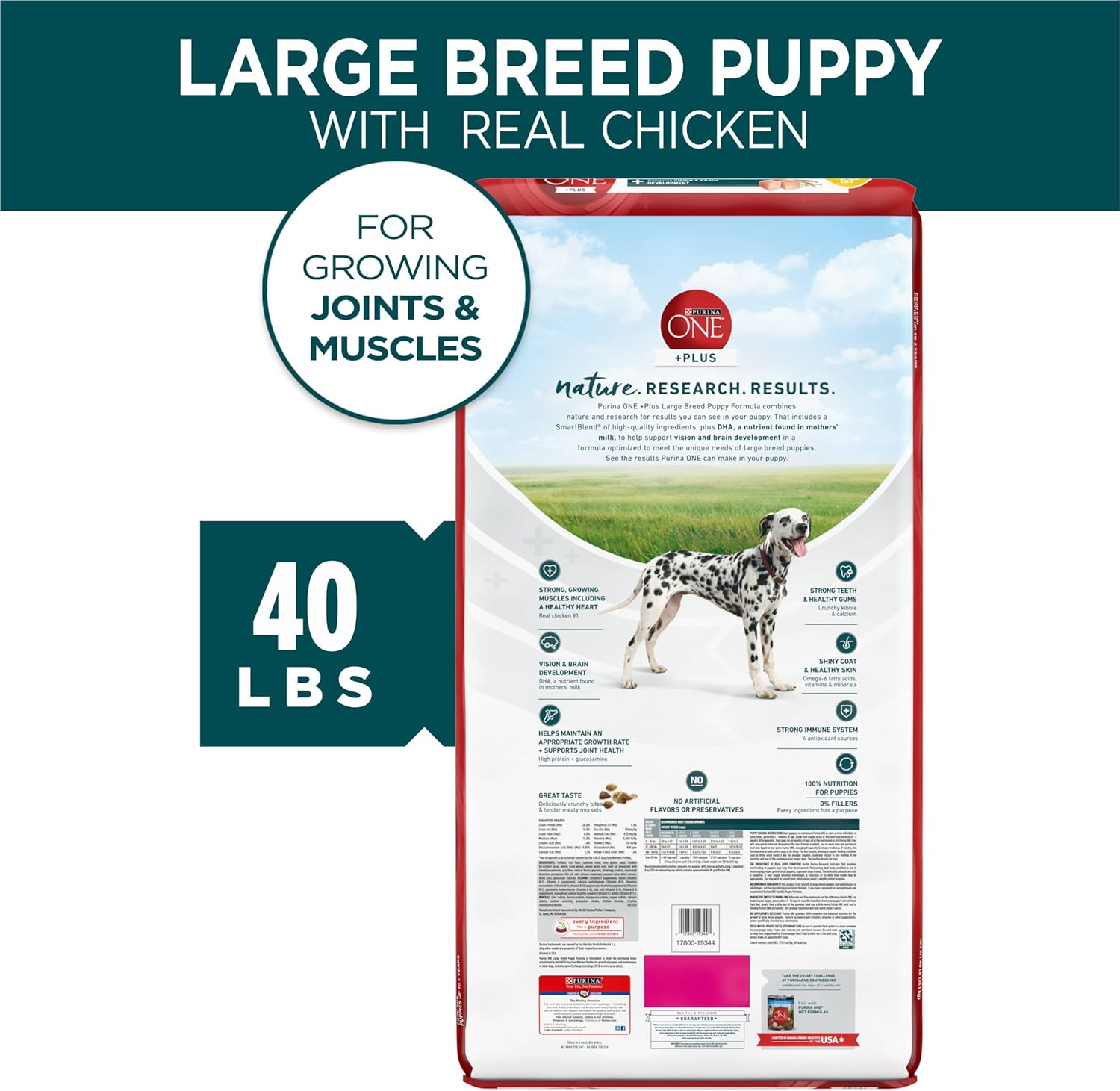 Nourriture sèche Purina ONE Plus pour chiots de grande race, 40 livres Sac.