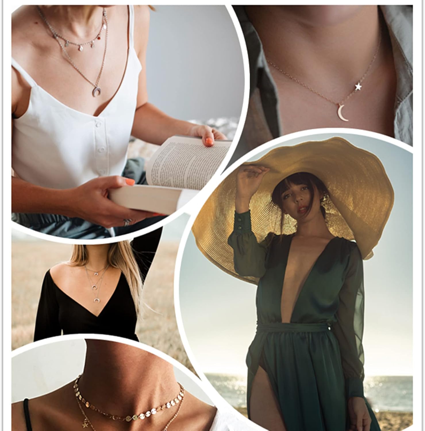 Honsny Layered Choker Necklace for Women Coin Moon Star Multilayer Choker Necklaces Charm Tiered Choker Chain Gold Necklace Set Adjustable Silver Bar Pendant Y Necklace