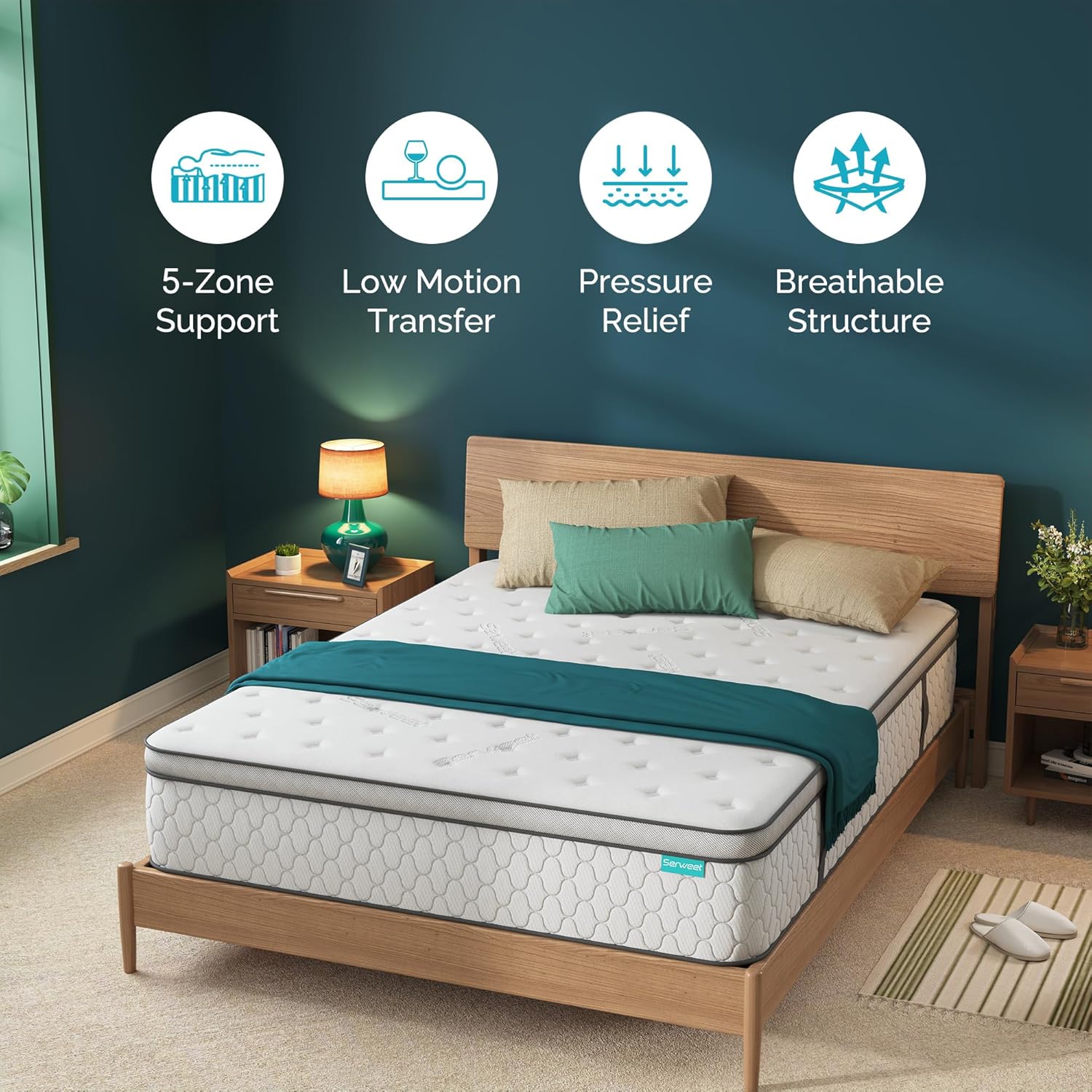 Serweet 12 Inch Memory Foam Hybrid Queen Mattress - 5-Zone Pocket Innersprings Motion Isolation - Heavier Coils for Durable Support -Pressure Relieving - Medium Firm - Made in Century-Old Factory · v2