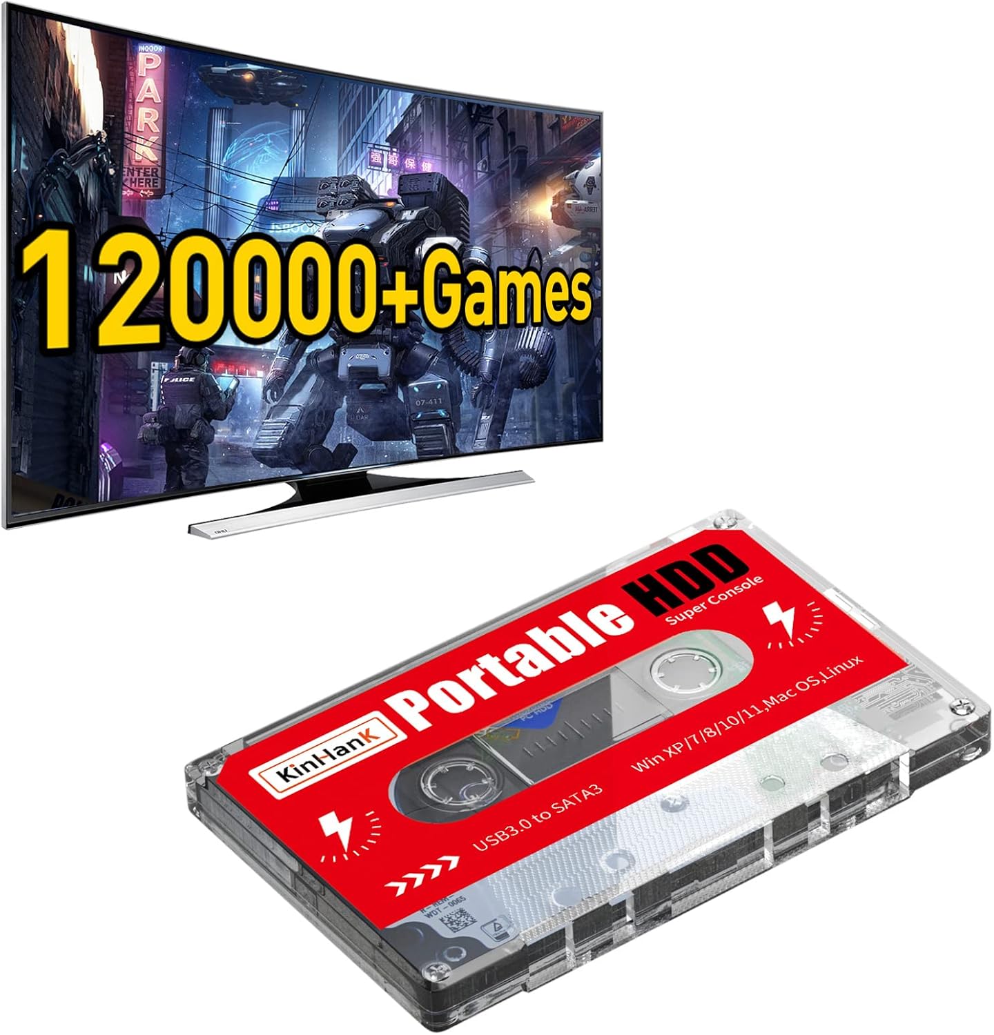 2TB Oyun Sürücüsü, USB 3.0, Dahili 120000 Oyunlar, Mac OS/Linux/Windows XP/7/8/10/11 ile Uyumlu Harici Sabit Sürücü, Taşınabilir HDD