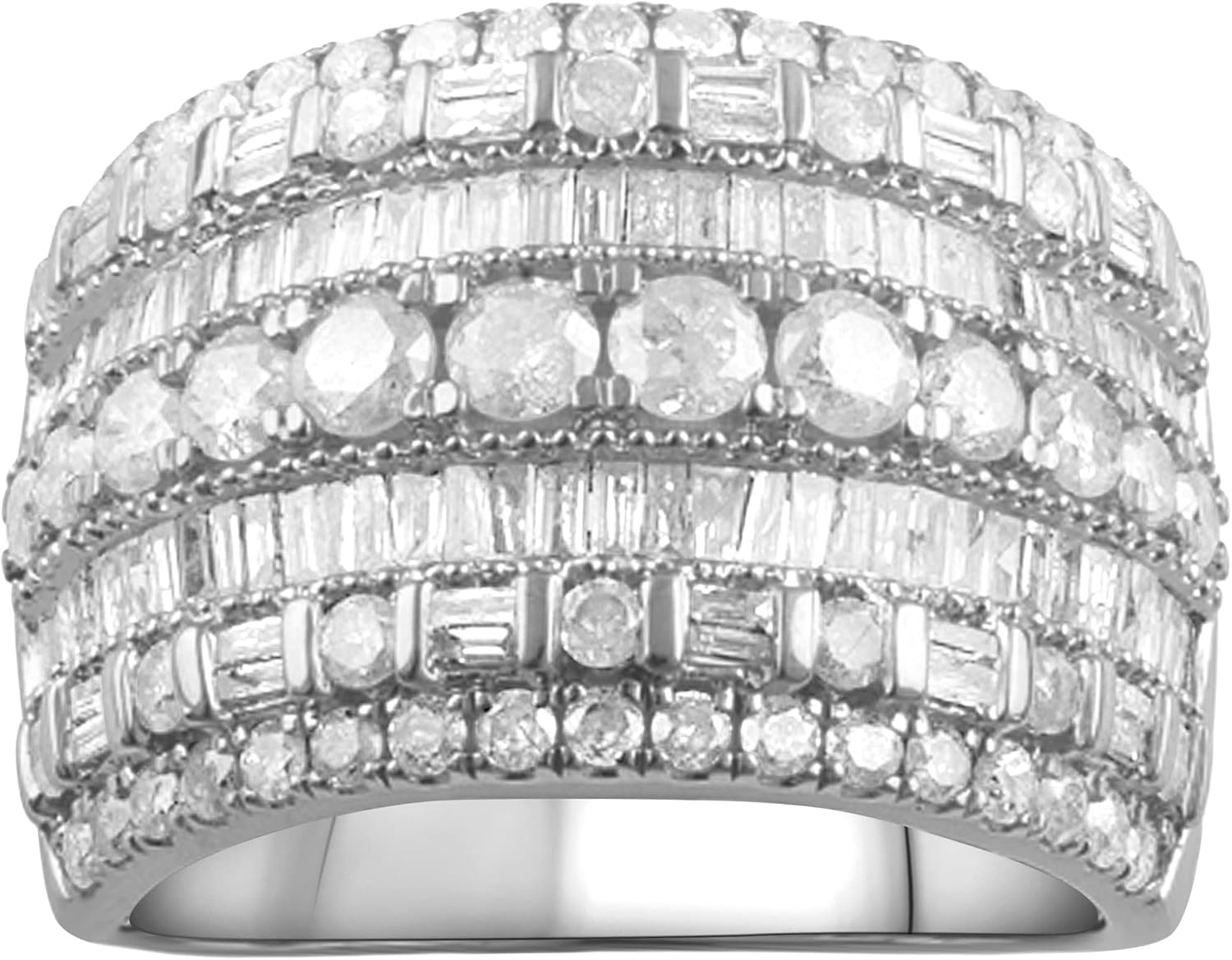 2.00 Carat Prong Set Baguette  Round Cut Multi Row Natural Diamond Wedding Band (J-K, I2-I3) in Sterling Silver | Fine Jewelry for Women | Gift Box Included · v2