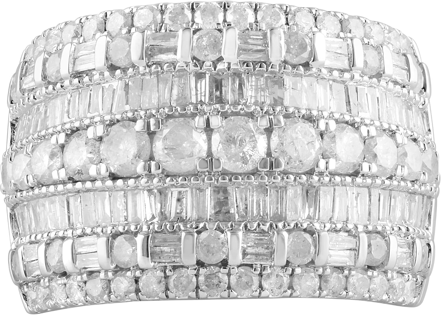 2.00 Carat Prong Set Baguette  Round Cut Multi Row Natural Diamond Wedding Band (J-K, I2-I3) in Sterling Silver | Fine Jewelry for Women | Gift Box Included · v2