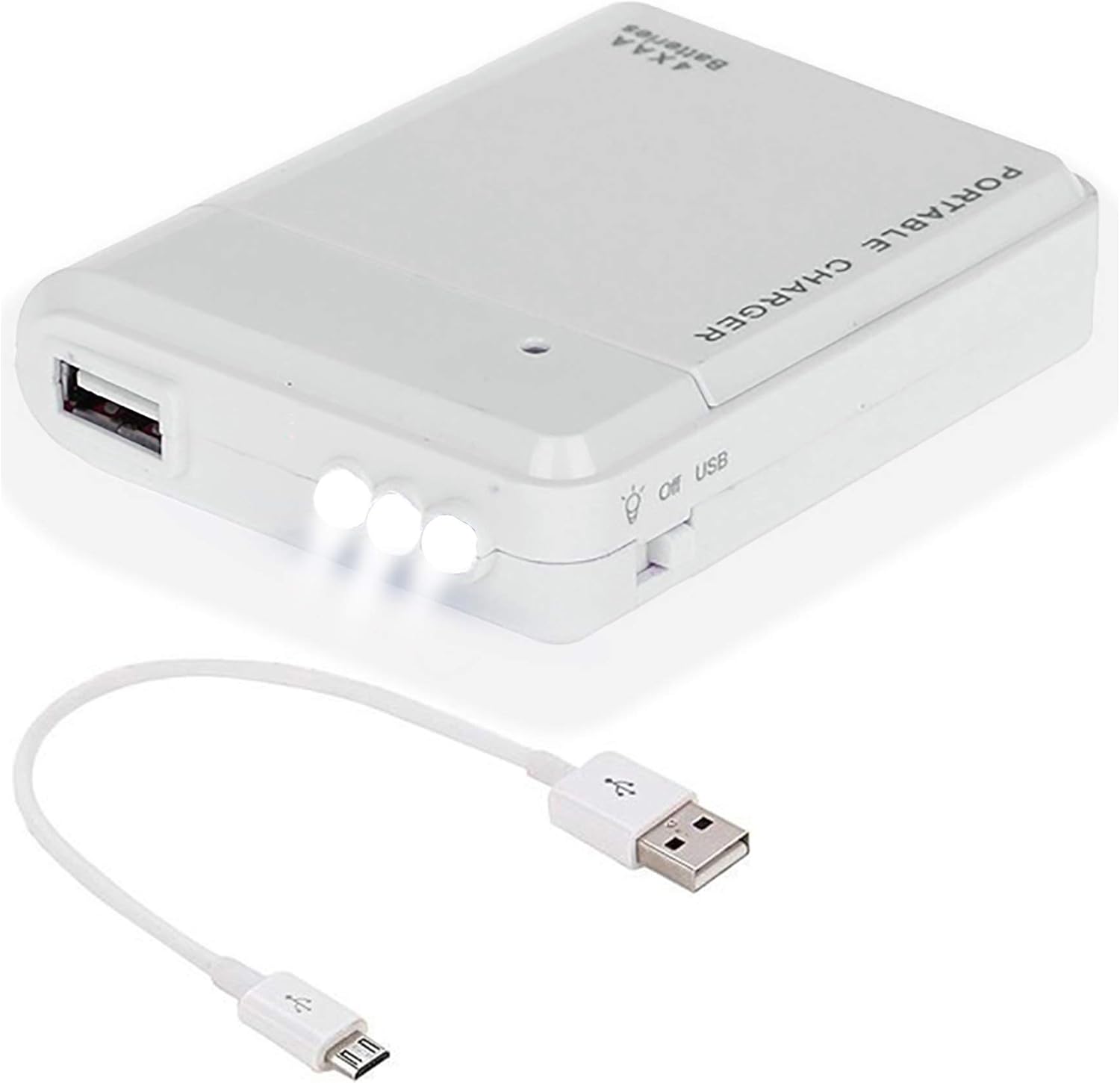 Chargeur de voyage portable à piles AA Works pour iPhone, Android, Galaxy, ordinateur portable et chargeur d'urgence avec lampe LED ! (Fonctionne avec 4 piles AA, port USB-C) [Blanc]