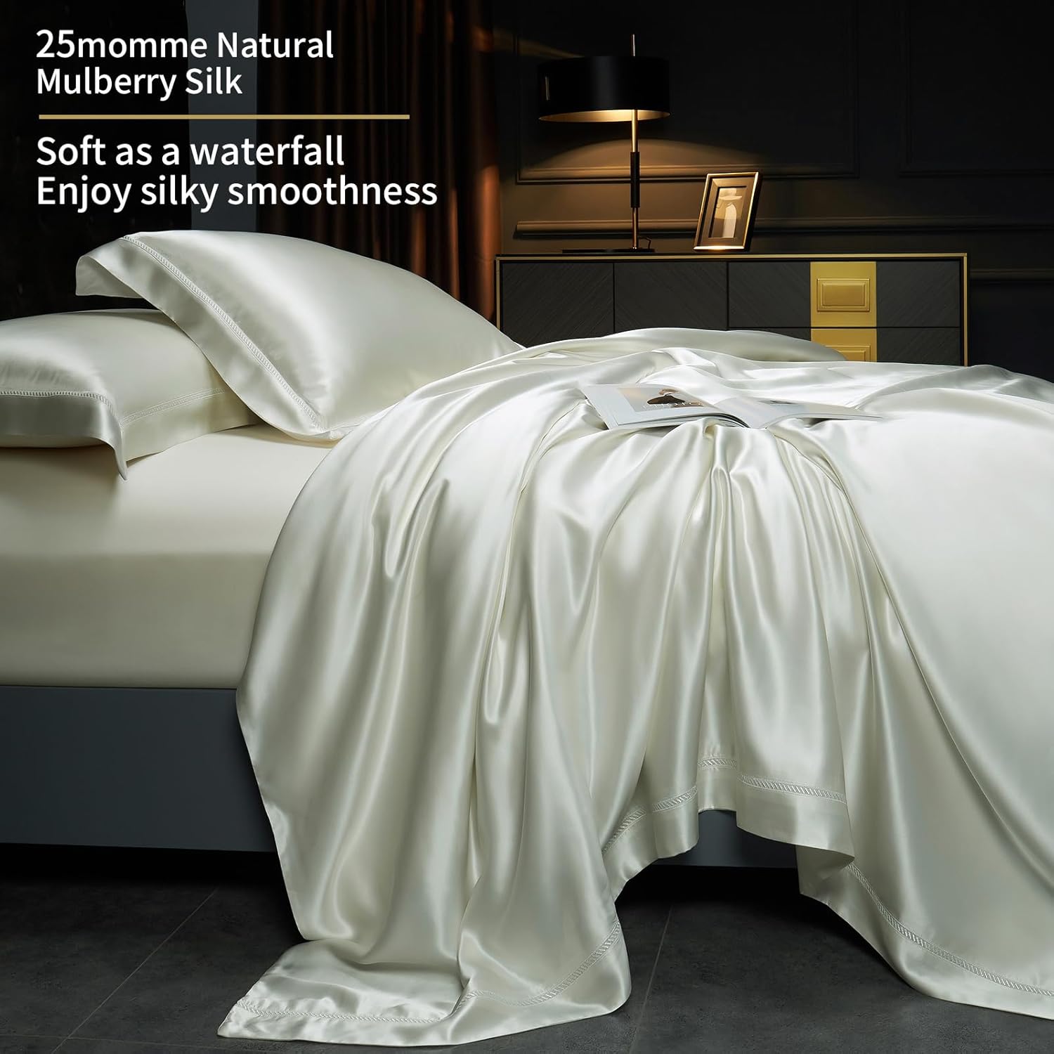 YOUR MOON 25 Momme Mulberry Silk Duvet Cover King Size, 3 PCS Set Top Grade Luxury Mulberry Silk Duvet Cover with Buttons Closure —1 Duvet Cover and 2 Pillow Shams (White) · v6