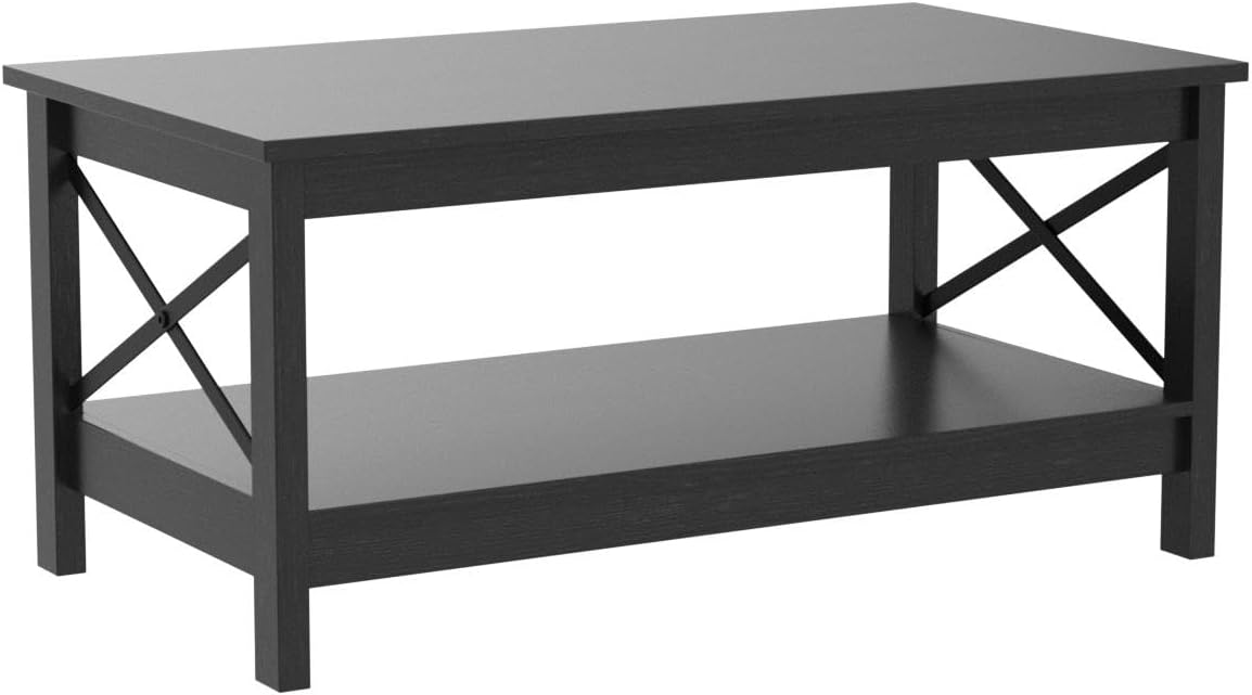 Tavolino da caffè YITAHOME per soggiorno, tavolino da caffè moderno in stile rustico con ripiano, tavolino centrale a 2 livelli per soggiorno Tavolo da soggiorno in legno Accent Cocktail con struttura robusta, nero
