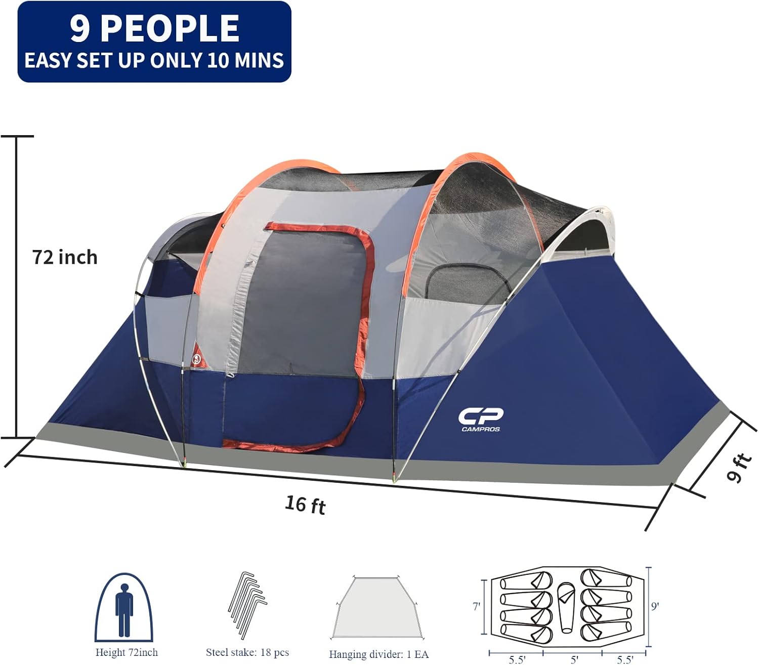 CAMPROS CP Tent 9 Person Camping Tents, 2 Room Water Resistant Family Tent with Top Rainfly, 4 Large Mesh Windows, Double Layer, Easy Set Up, Portable with Carry Bag