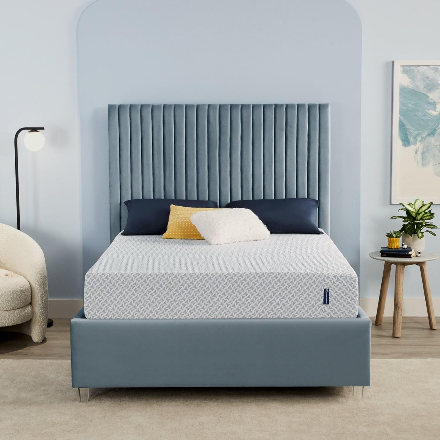 Serta - ที่นอนเมมโมรี่โฟมเจลเย็นหนา 10 นิ้ว ขนาดทวิน ขนาดกลาง รองรับได้ดี ผ่านการรับรอง CertiPur-US ทดลองนอนได้ 100 คืน - Sheep Retreat สีน้ำเงิน/ขาว