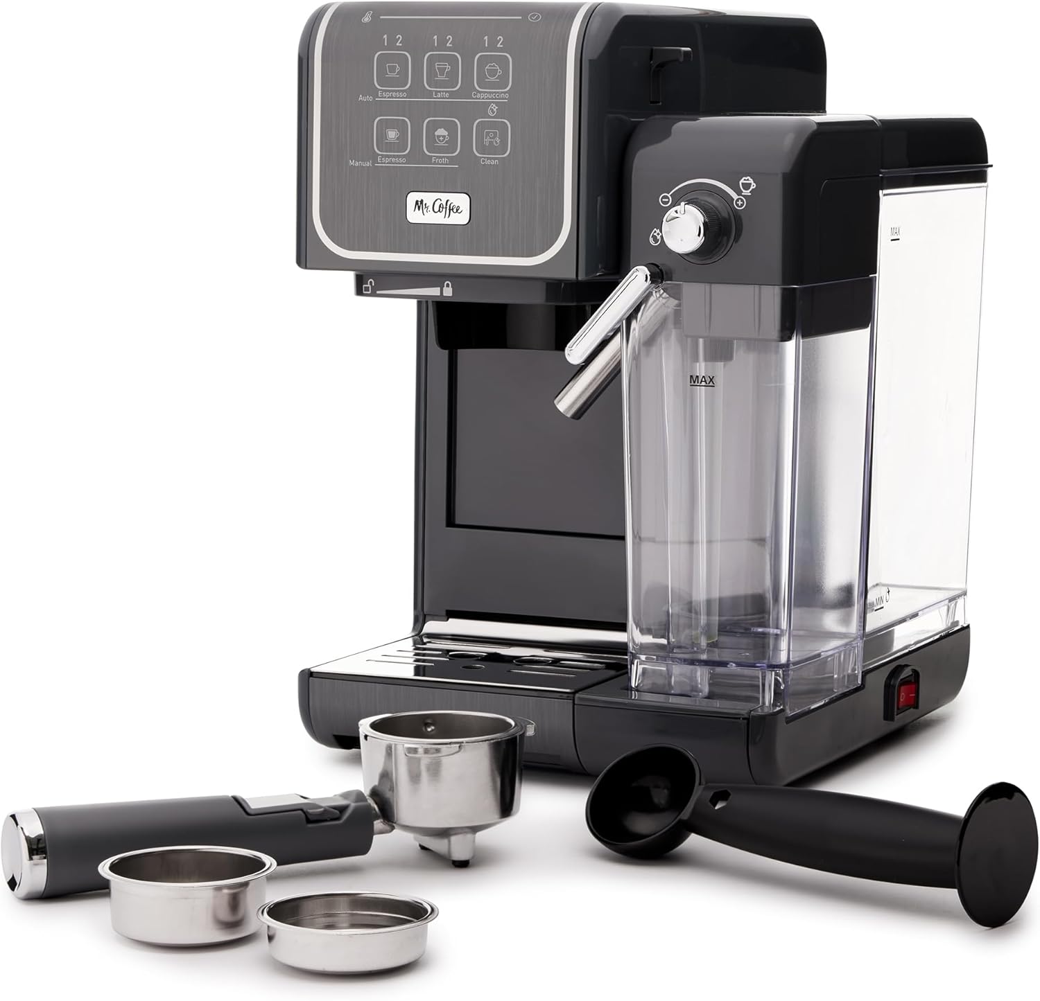 Cafetera Mr. Coffee CoffeeHouse de un solo toque para café espresso, capuchino y café con leche, con bomba italiana de 19 barras y espumador de leche, ideal para los amantes del café con leche, espresso y café