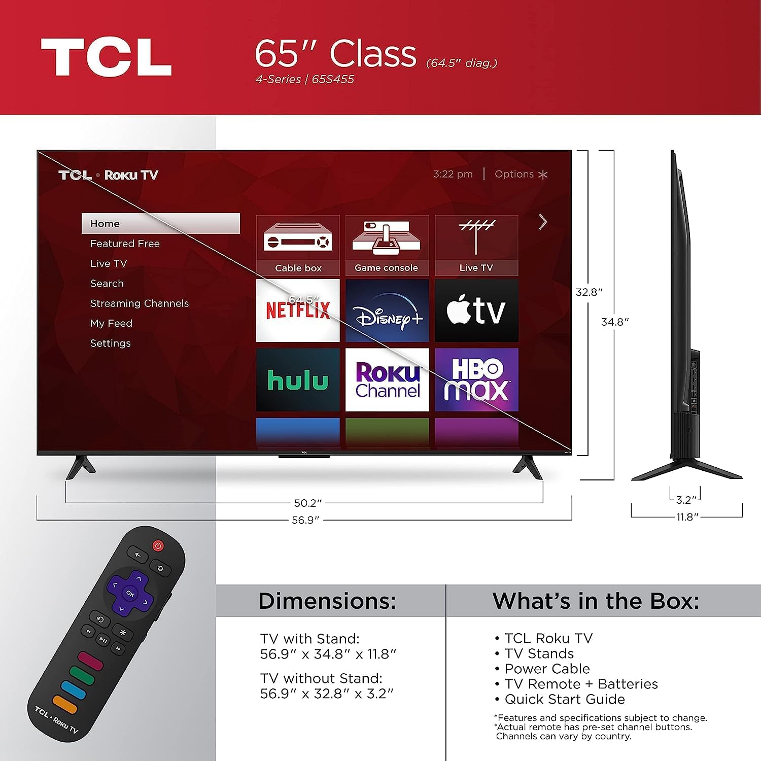 Téléviseur intelligent Roku TCL 65, série Classe 4, 4K UHD HDR, série 65S455