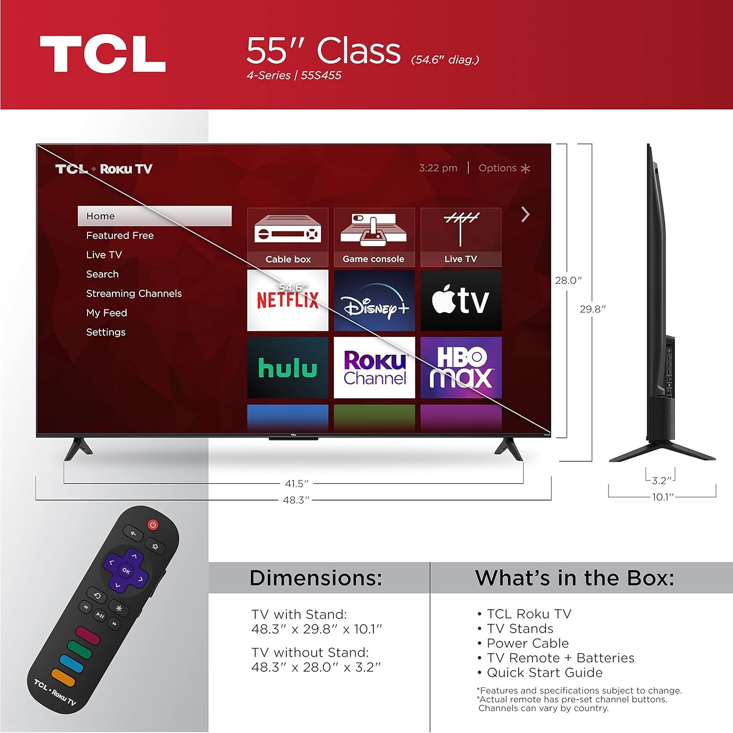 TCL 55 Class 4-Series 4K UHD HDR Smart Roku TV(Wi-Fi, RF, USB, Ethernet, HDMI) - 55S455 · v7