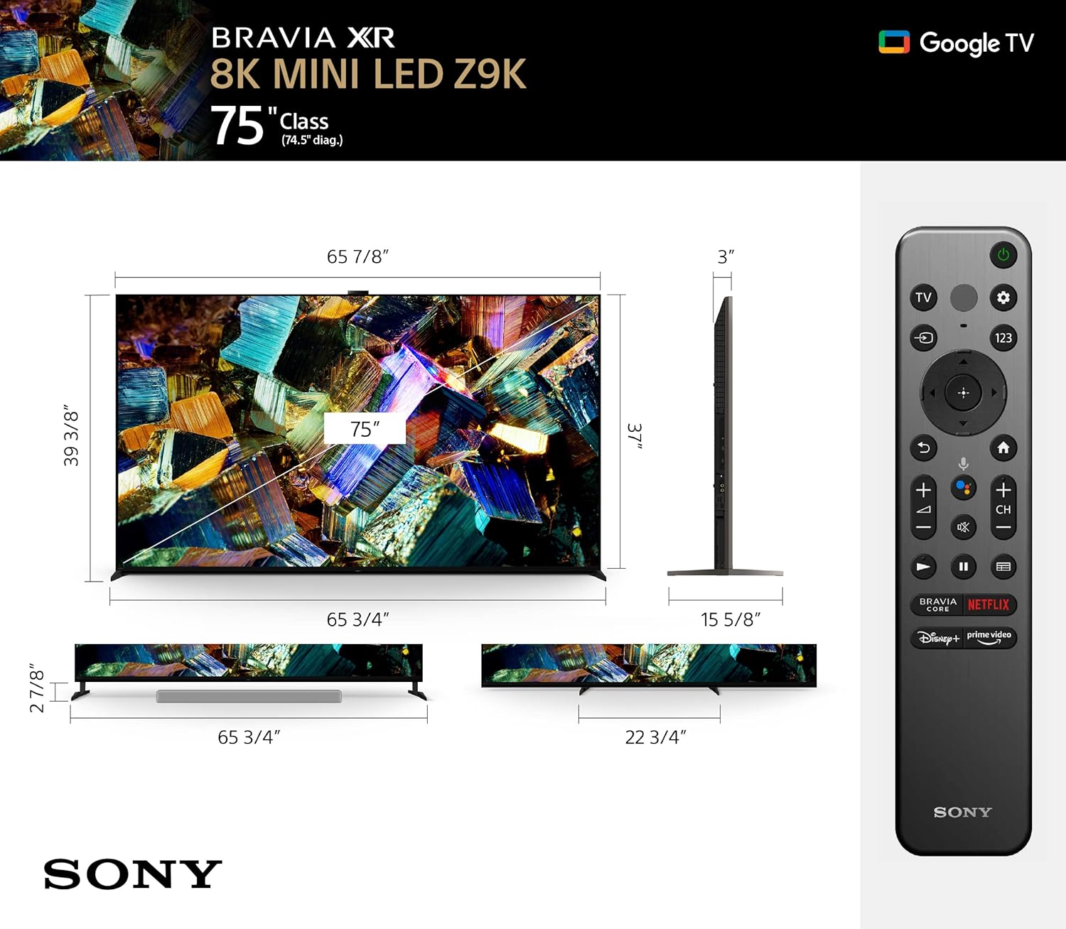 ทีวี Sony 8K Ultra HD ขนาด 75 นิ้ว ซีรีส์ Z9K: BRAVIA XR 8K Mini LED Smart Google TV พร้อม Dolby Vision HDR และคุณสมบัติพิเศษสำหรับ Playstation® 5 XR75Z9K - รุ่นล่าสุด สีดำ