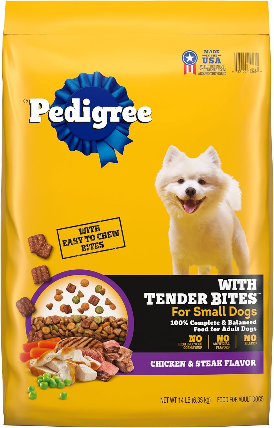Alimento seco Pedigree with Tender Bites para perros pequeños adultos, sabor pollo y bistec, bolsa de 14 libras