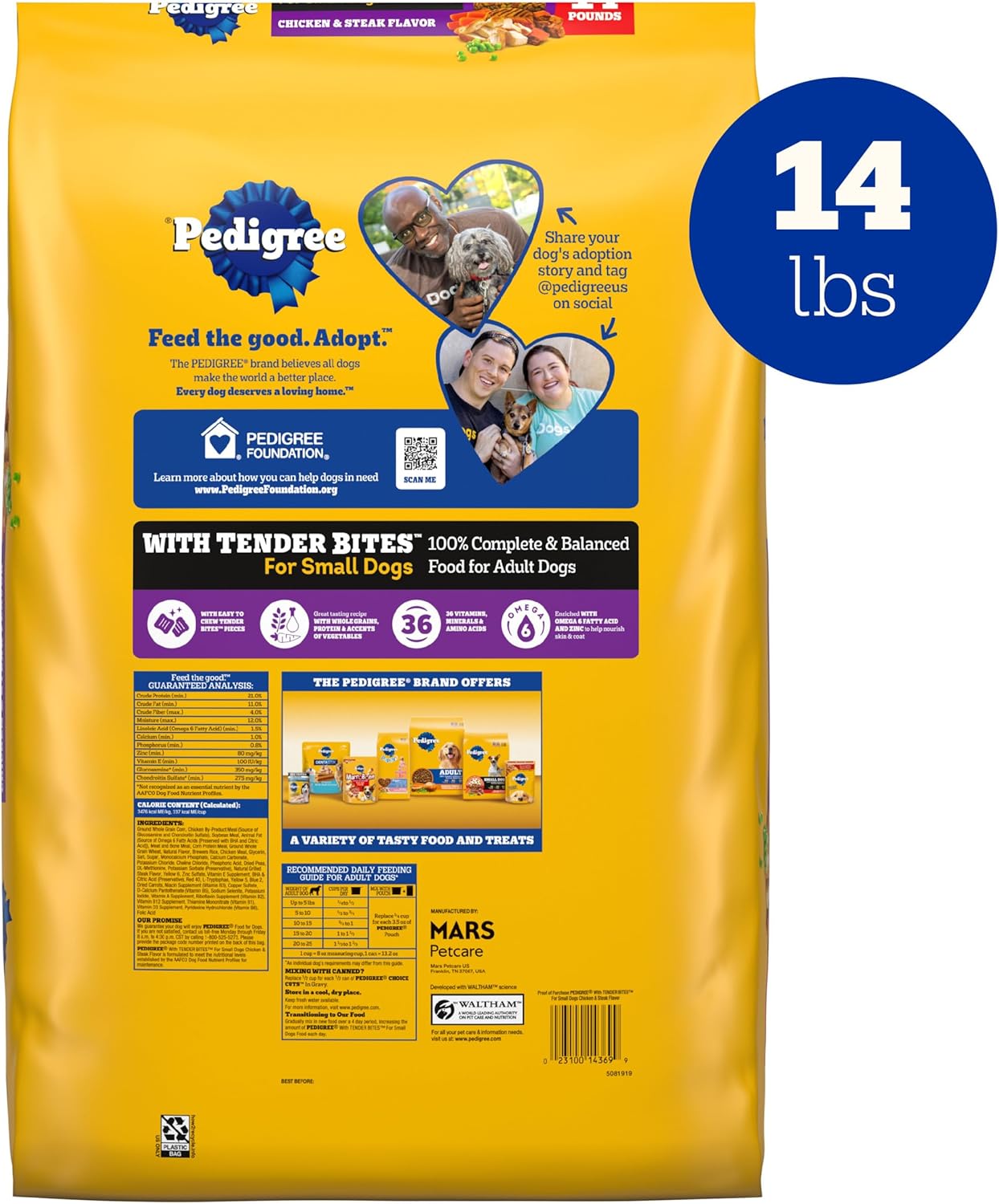 Alimento seco Pedigree with Tender Bites para perros pequeños adultos, sabor pollo y bistec, bolsa de 14 libras