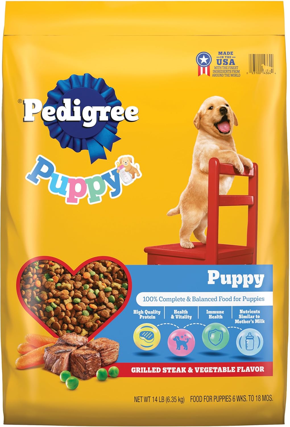 Comida seca para cachorros Pedigree Puppy, sabor a carne y verduras a la parrilla, bolsa de 14 libras