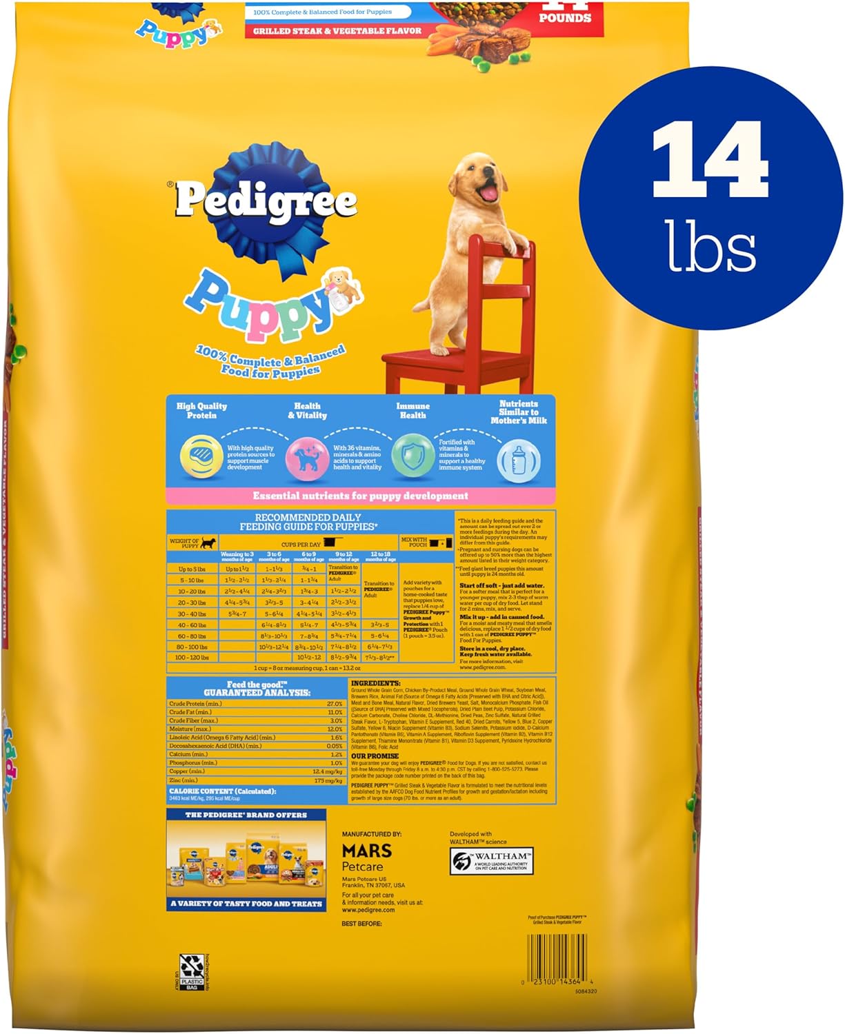 Comida seca para cachorros Pedigree Puppy, sabor a carne y verduras a la parrilla, bolsa de 14 libras