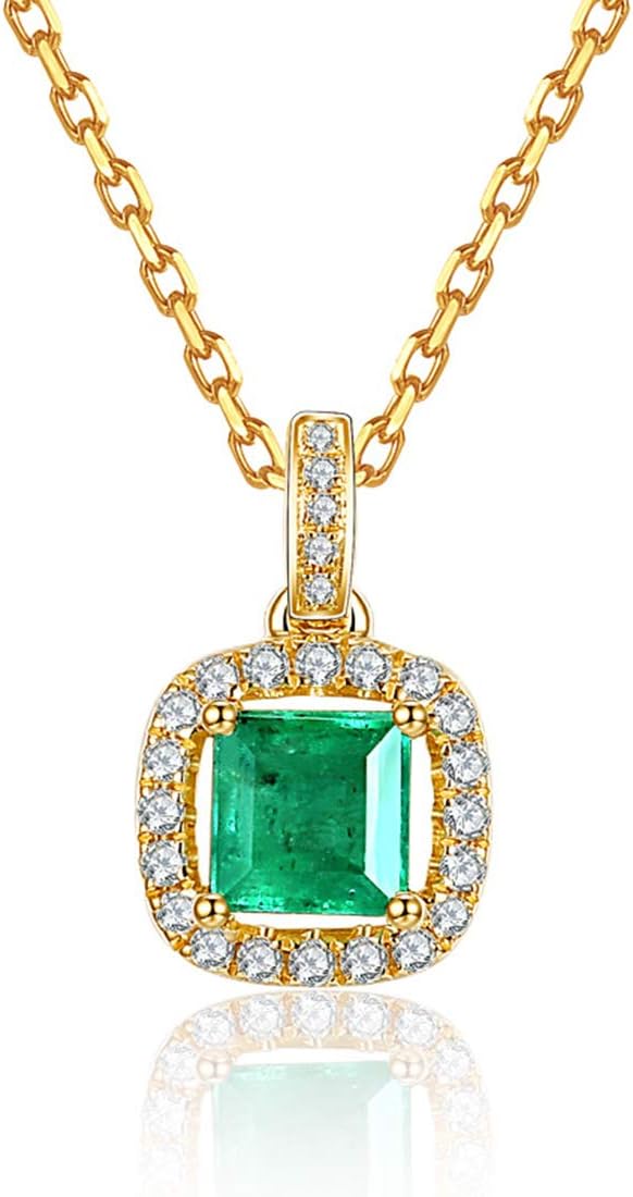 Carleen 14K Solid Yellow Gold May Birthstone 0.38CT Square Green Emerald 0.1CTTW White Diamond Small Dainty Multi-Gemstone Halo Pendant Necklace Fine Jewelry Valentines Day Gifts for Women, 18 Inch · v2