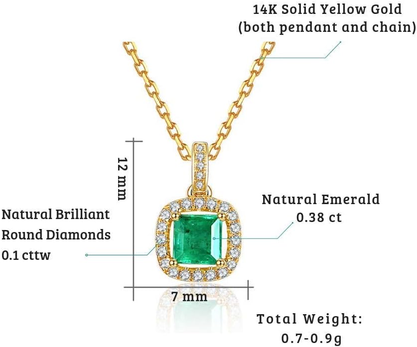 Carleen 14K Solid Yellow Gold May Birthstone 0.38CT Square Green Emerald 0.1CTTW White Diamond Small Dainty Multi-Gemstone Halo Pendant Necklace Fine Jewelry Valentines Day Gifts for Women, 18 Inch · v2