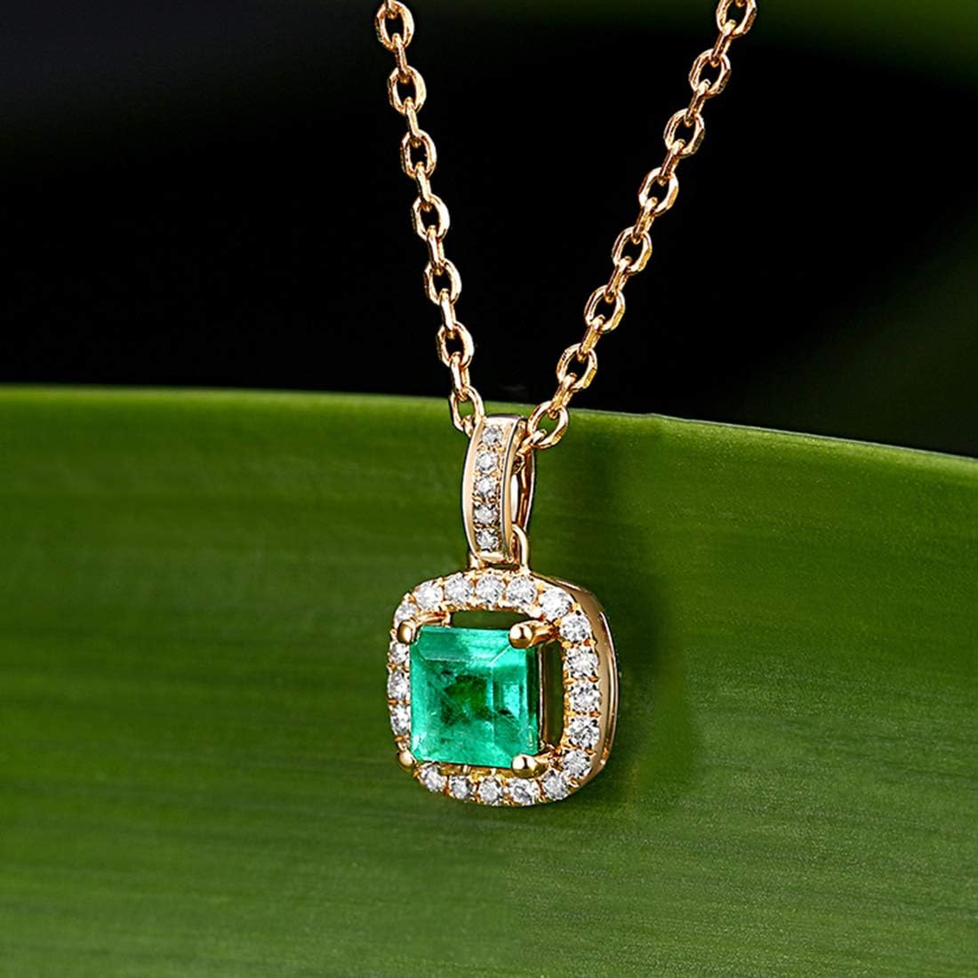 Carleen 14K Solid Yellow Gold May Birthstone 0.38CT Square Green Emerald 0.1CTTW White Diamond Small Dainty Multi-Gemstone Halo Pendant Necklace Fine Jewelry Valentines Day Gifts for Women, 18 Inch · v2