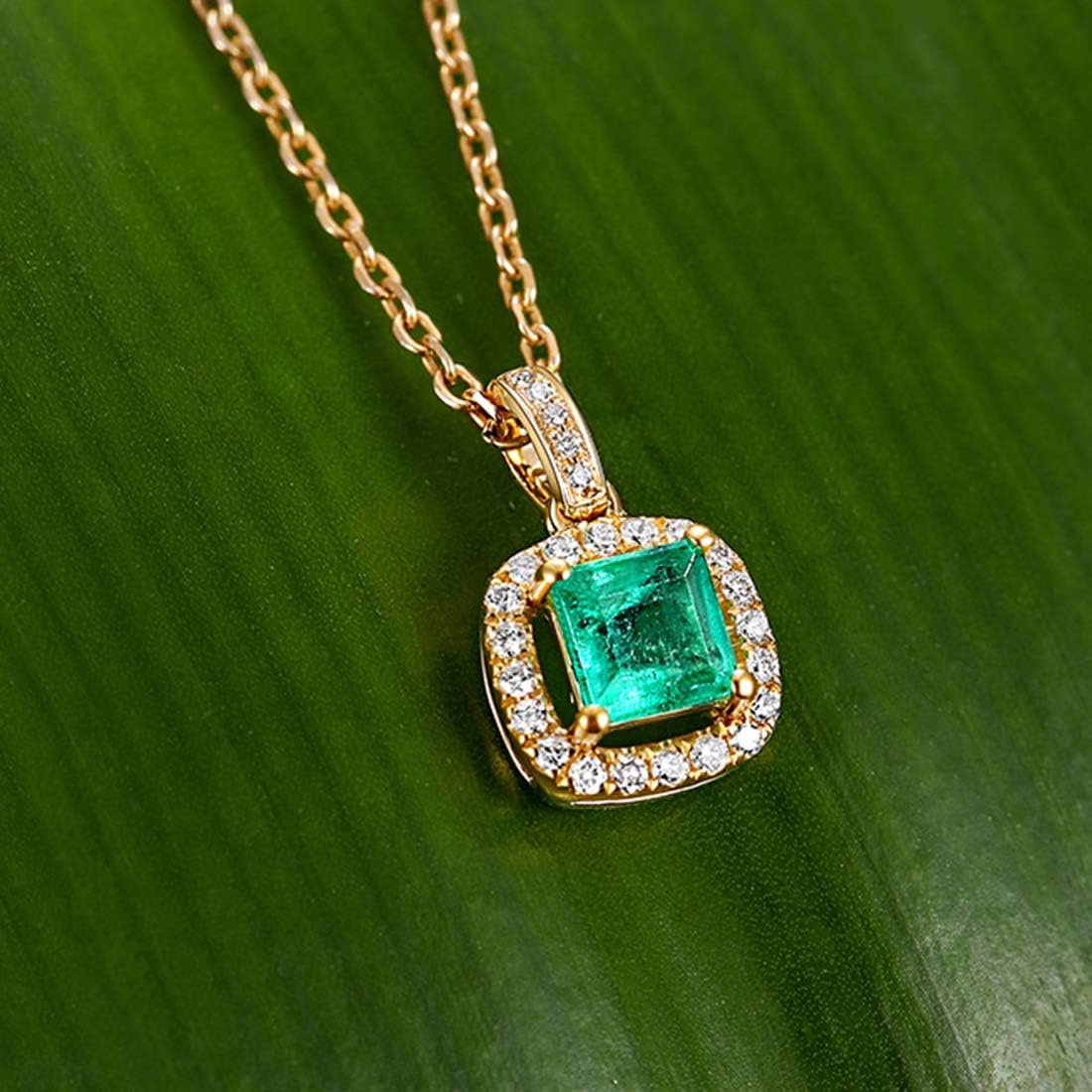 Carleen 14K Solid Yellow Gold May Birthstone 0.38CT Square Green Emerald 0.1CTTW White Diamond Small Dainty Multi-Gemstone Halo Pendant Necklace Fine Jewelry Valentines Day Gifts for Women, 18 Inch · v2