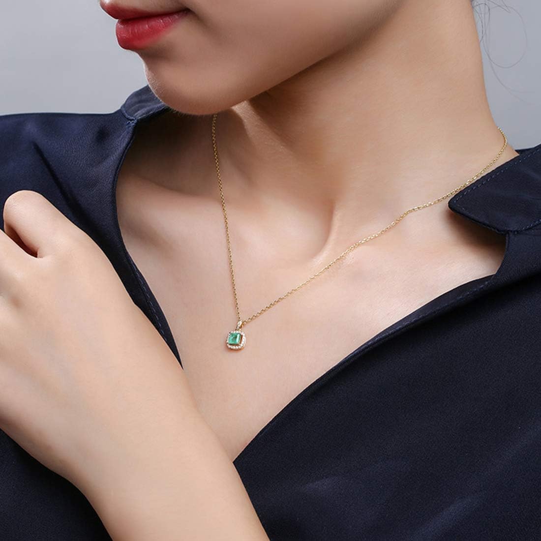 Carleen 14K Solid Yellow Gold May Birthstone 0.38CT Square Green Emerald 0.1CTTW White Diamond Small Dainty Multi-Gemstone Halo Pendant Necklace Fine Jewelry Valentines Day Gifts for Women, 18 Inch · v2